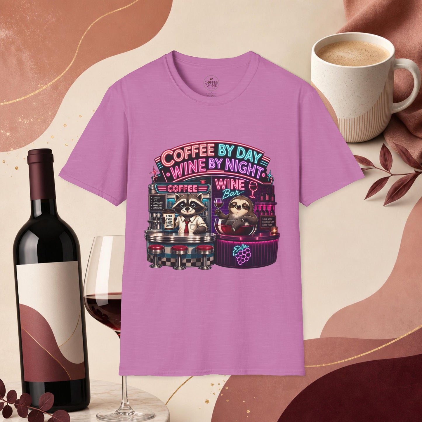 "I Run On Coffee In The Morning and Wine In The Evening" - Coffee & Wine Raccoon T-Shirt