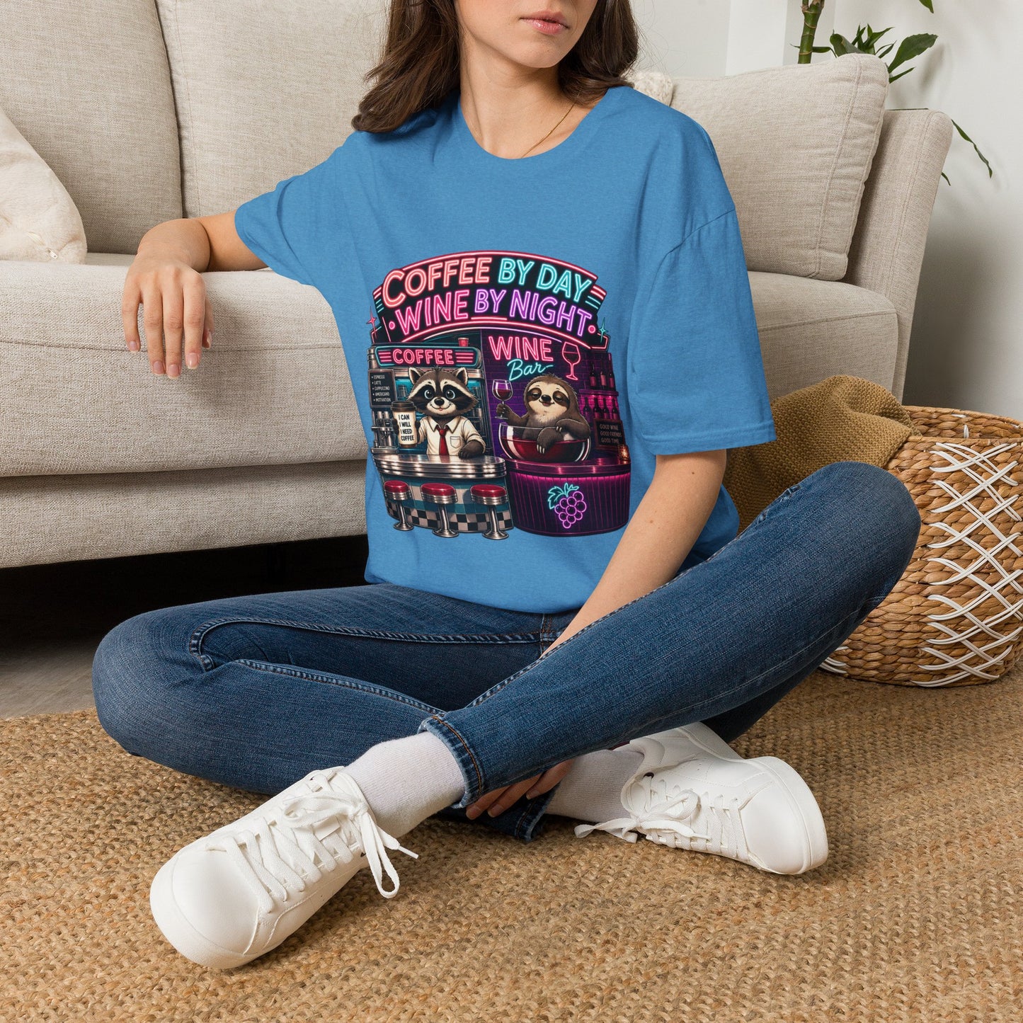 "I Run On Coffee In The Morning and Wine In The Evening" - Coffee & Wine Raccoon T-Shirt