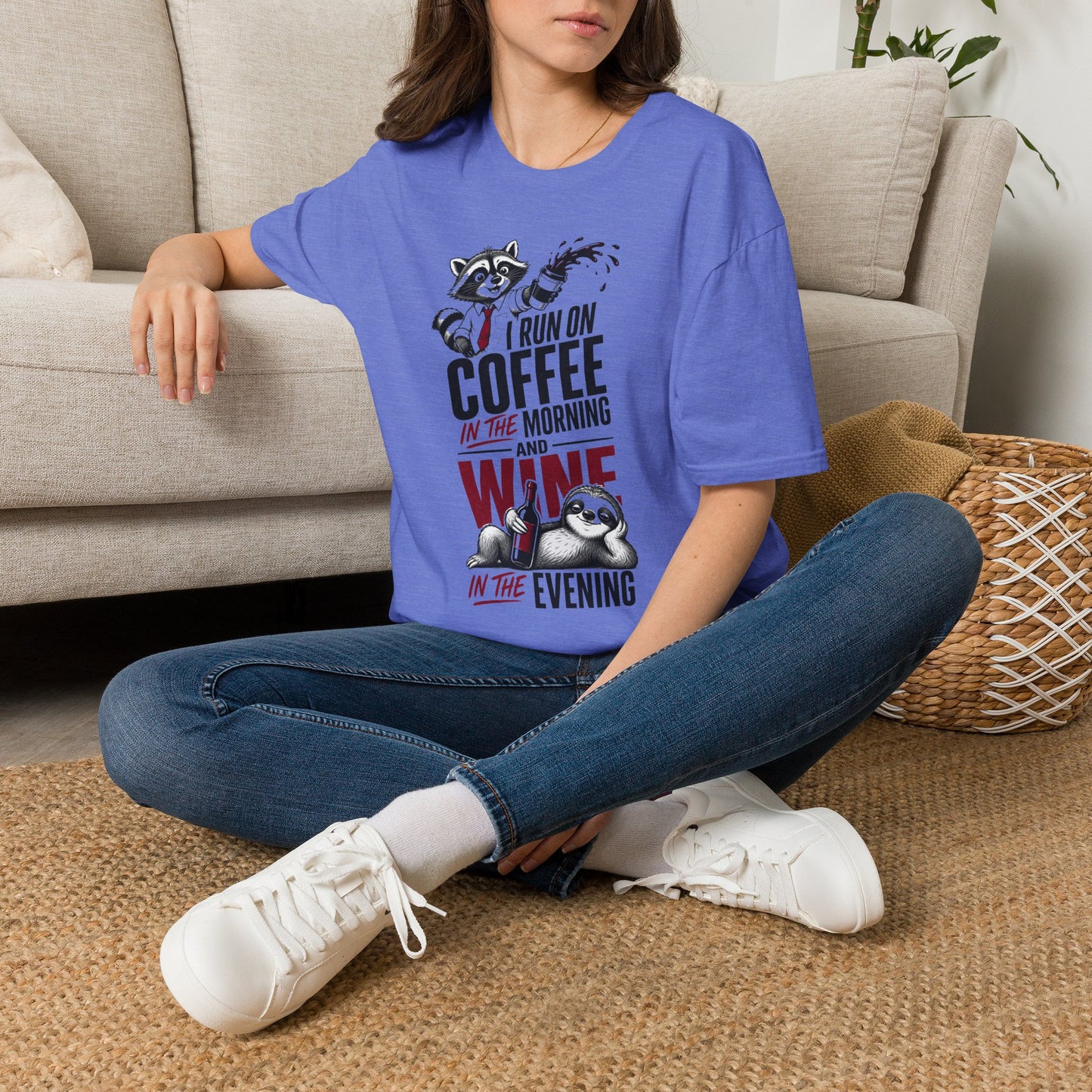 Coffee & Wine Raccoon T-Shirt — "I Run On Coffee In The Morning and Wine In The Evening"