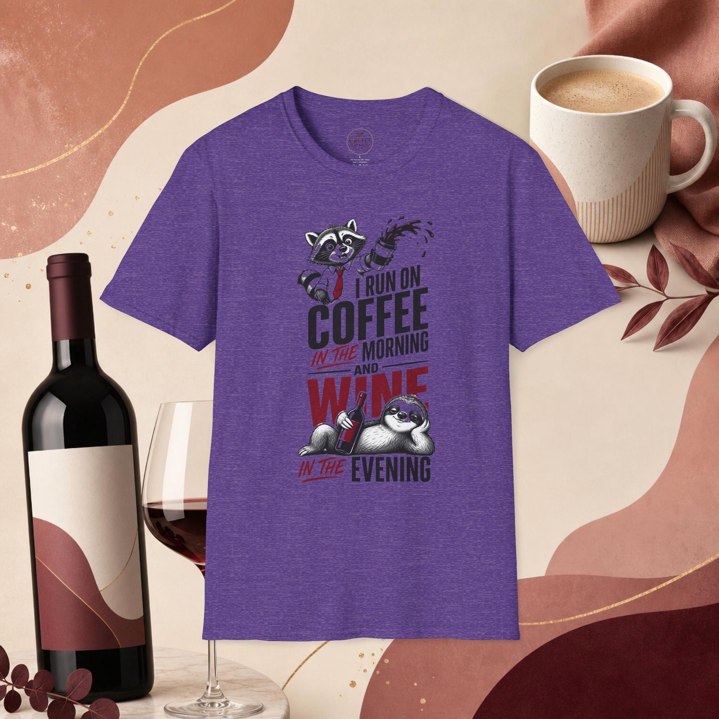 Coffee & Wine Raccoon T-Shirt — "I Run On Coffee In The Morning and Wine In The Evening"