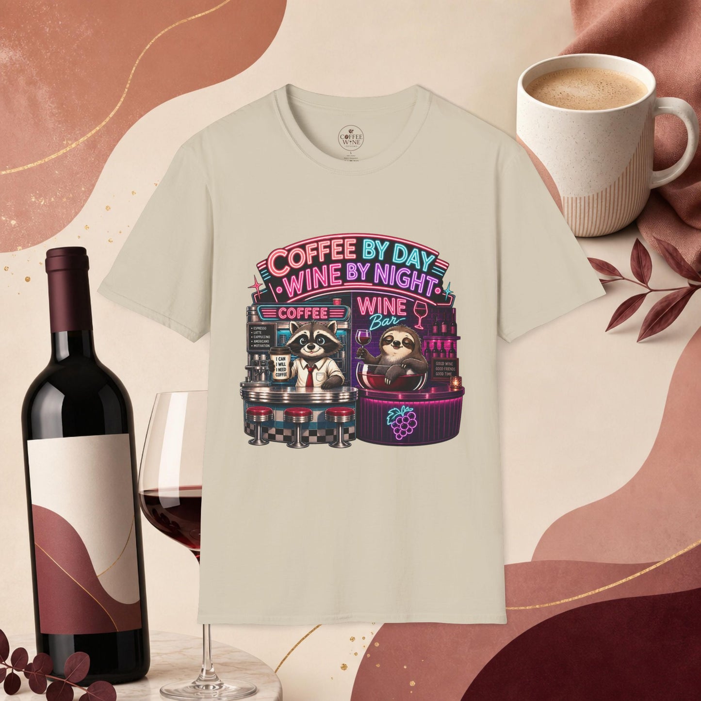 "I Run On Coffee In The Morning and Wine In The Evening" - Coffee & Wine Raccoon T-Shirt