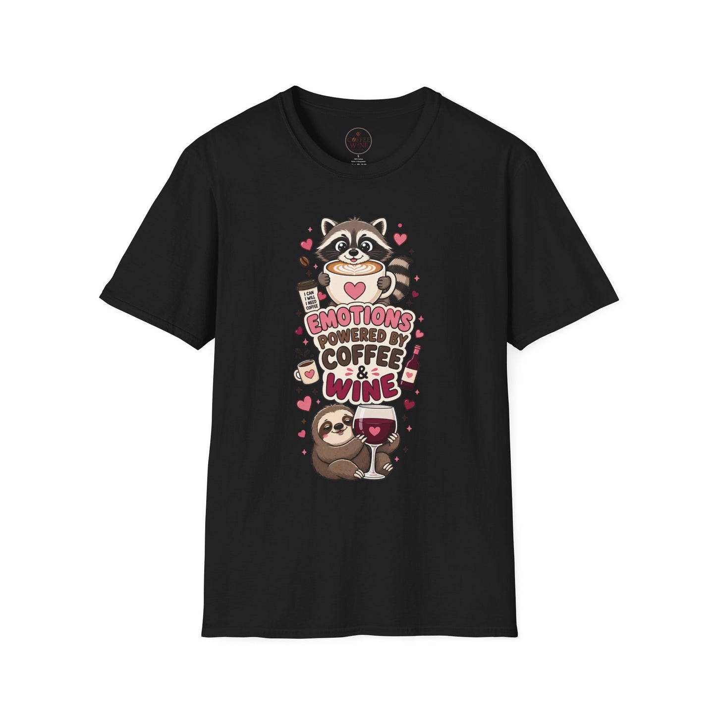 Coffee & Wine Lover Raccoon T-Shirt — "Emotions Powered by Coffee & Wine"