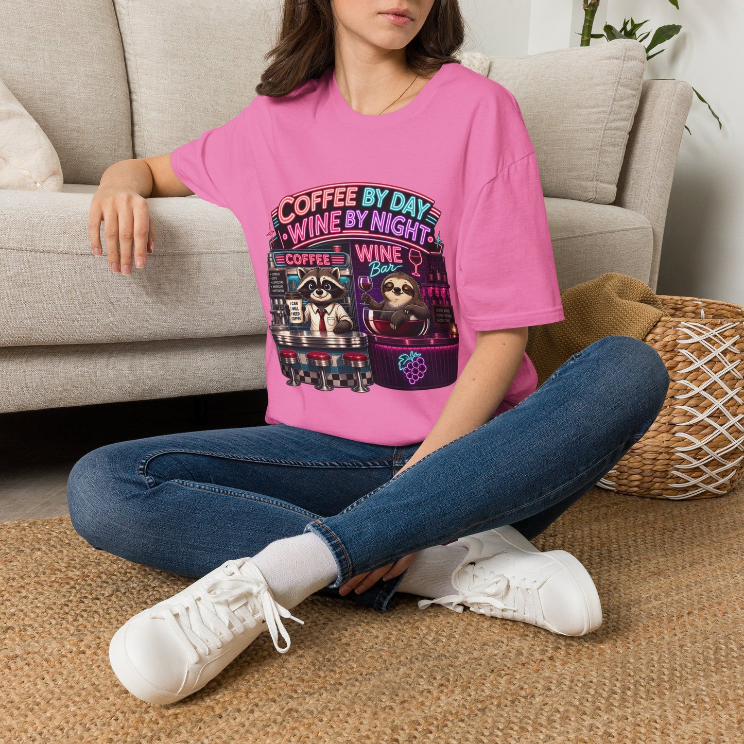 "I Run On Coffee In The Morning and Wine In The Evening" - Coffee & Wine Raccoon T-Shirt