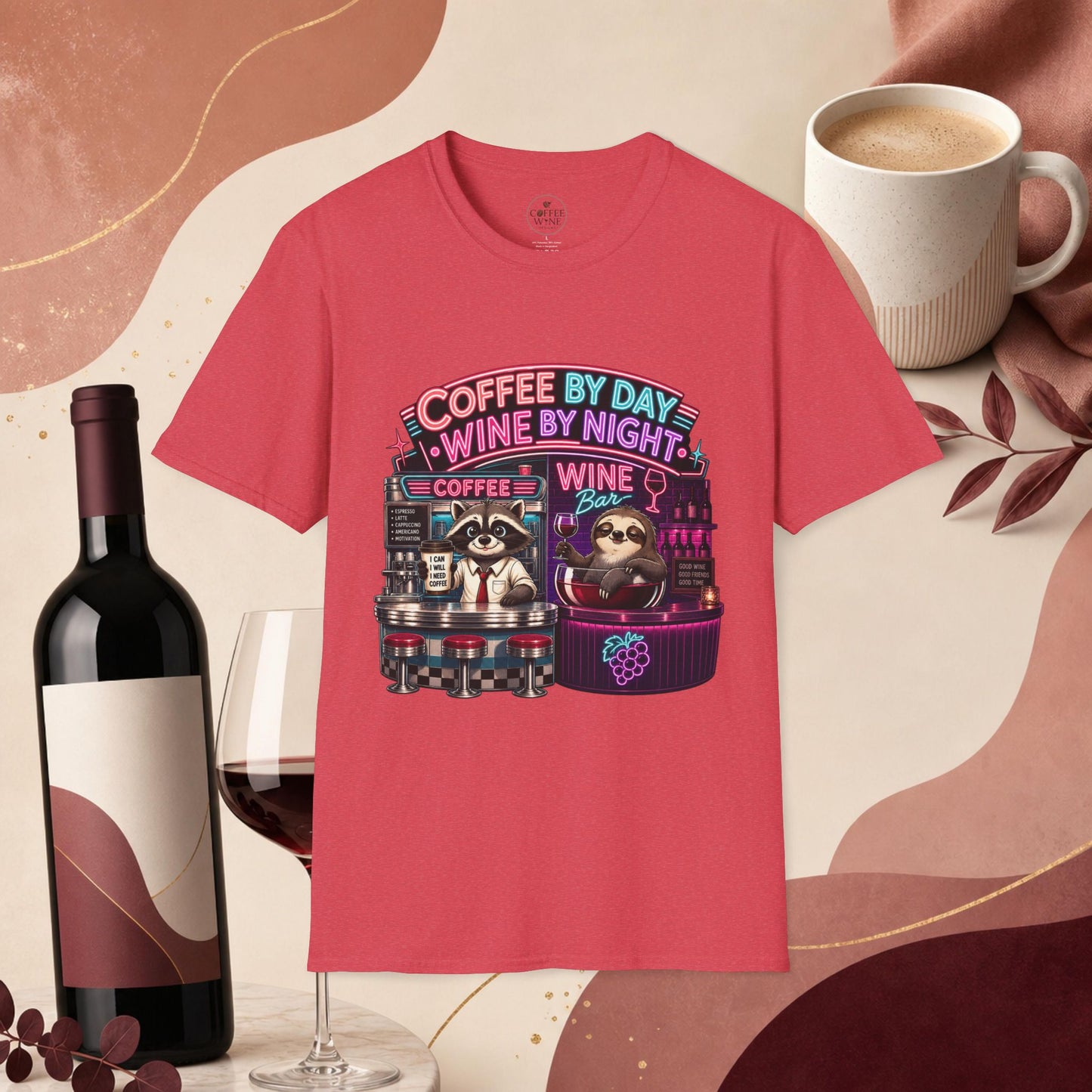 "I Run On Coffee In The Morning and Wine In The Evening" - Coffee & Wine Raccoon T-Shirt