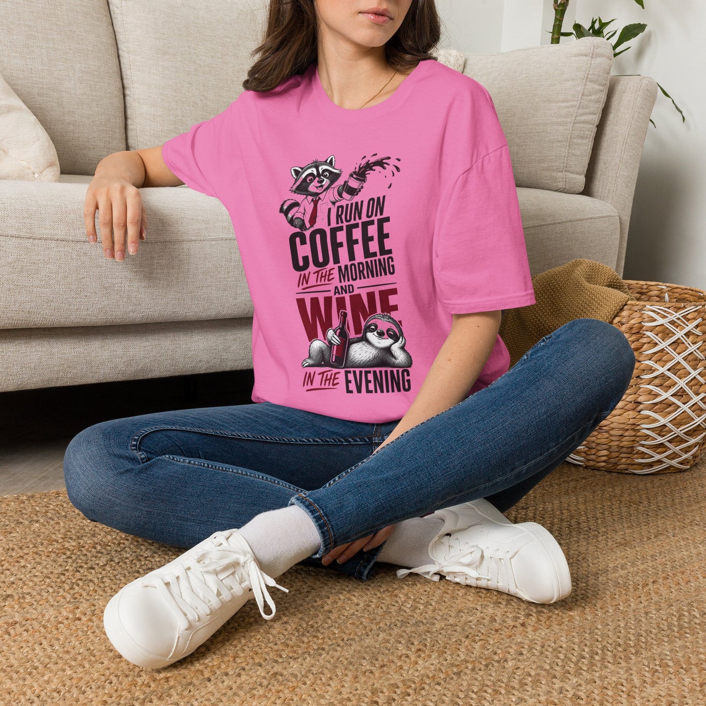 Coffee & Wine Raccoon T-Shirt — "I Run On Coffee In The Morning and Wine In The Evening"