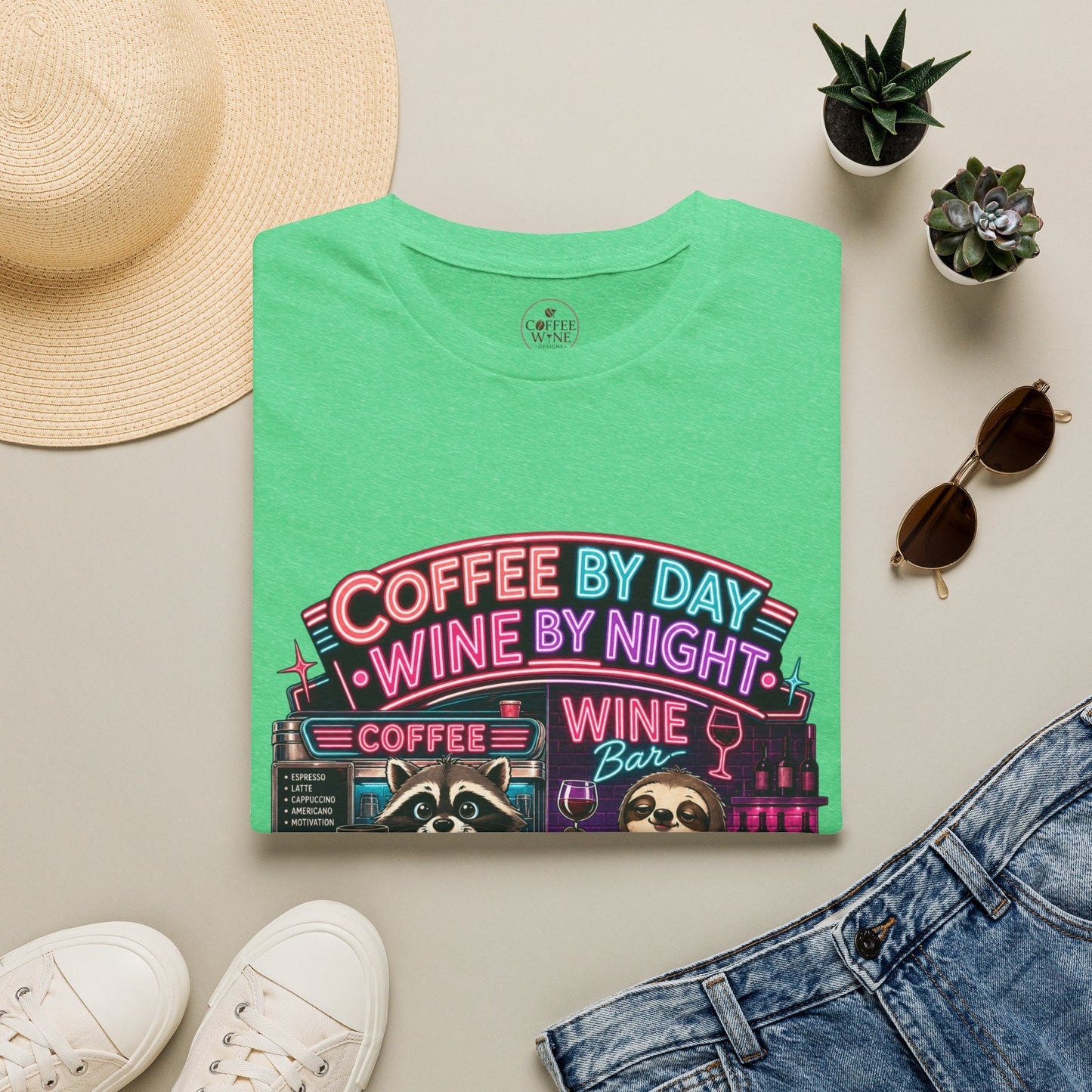 "I Run On Coffee In The Morning and Wine In The Evening" - Coffee & Wine Raccoon T-Shirt