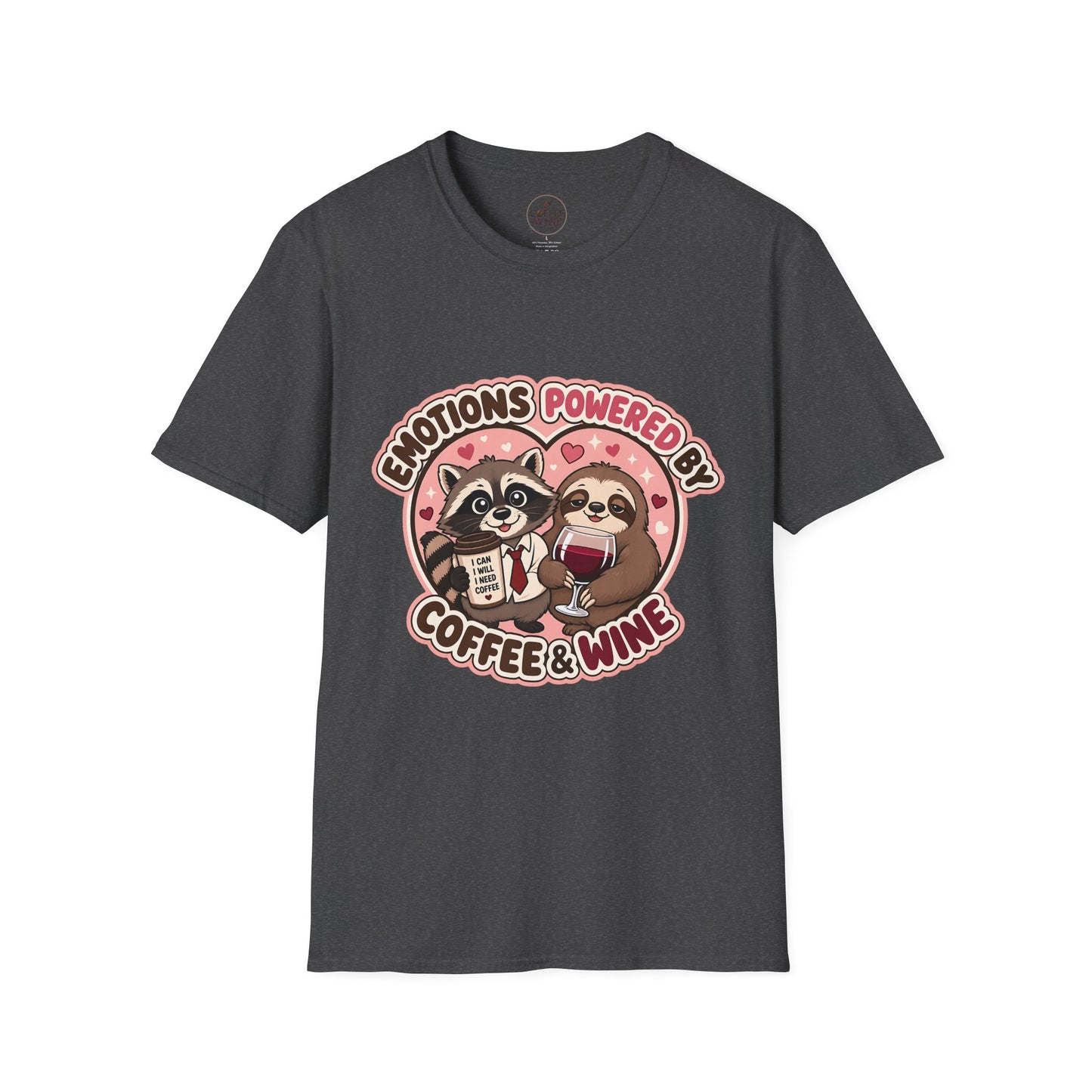 Emotions Powered By Coffee & Wine T-Shirt — Cute Raccoon & Sloth Graphic Tee