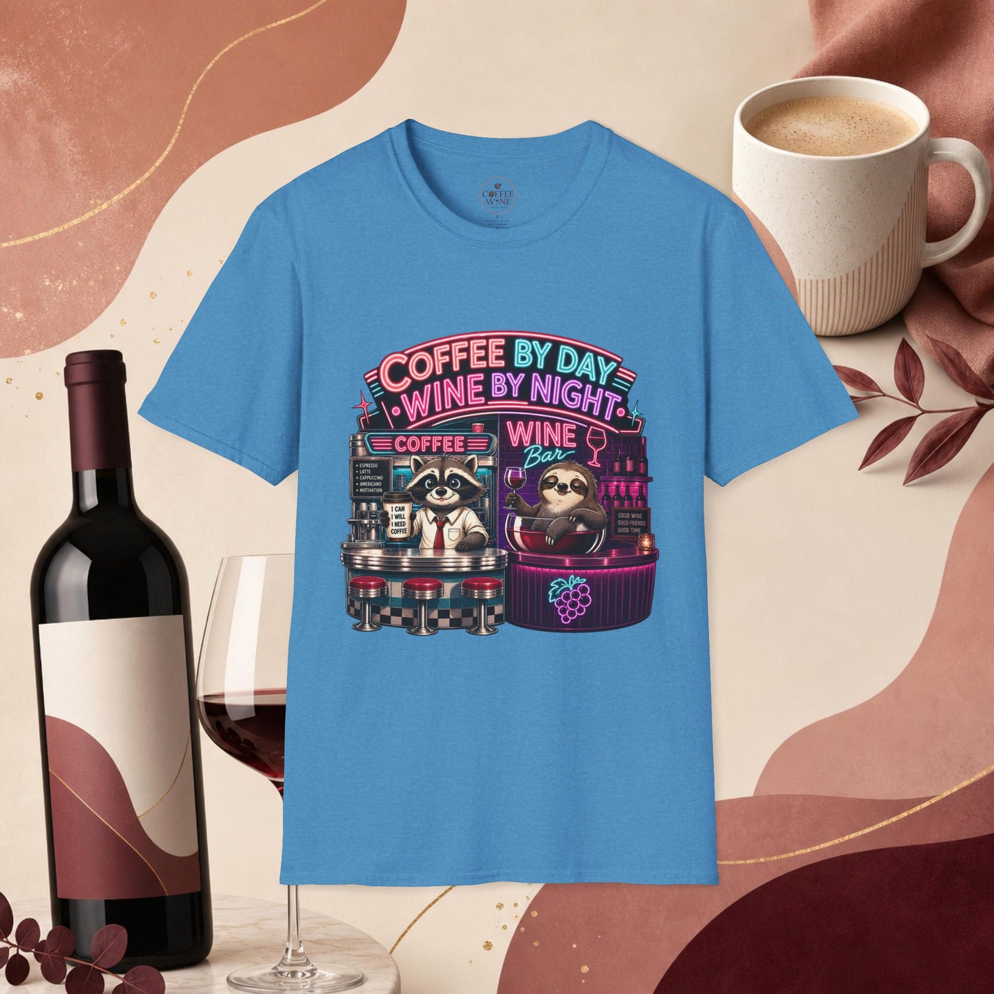 "I Run On Coffee In The Morning and Wine In The Evening" - Coffee & Wine Raccoon T-Shirt