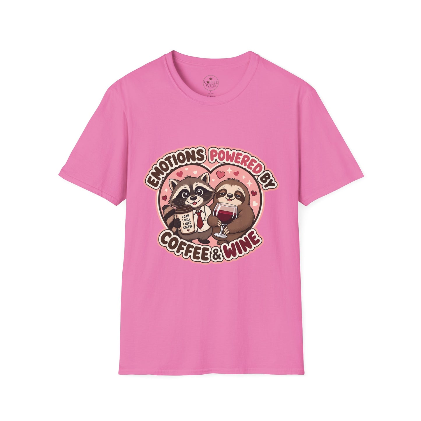 Emotions Powered By Coffee & Wine T-Shirt — Cute Raccoon & Sloth Graphic Tee