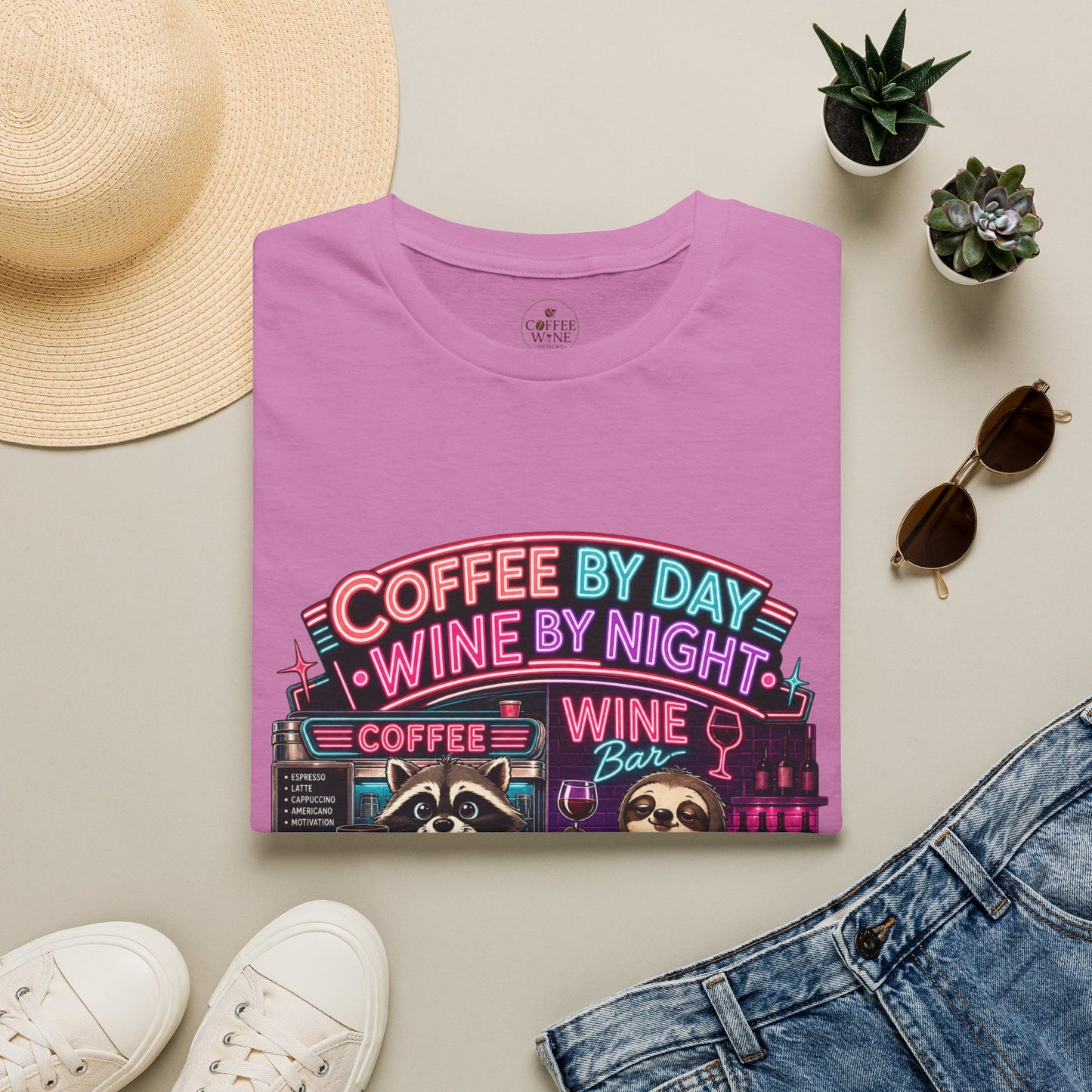 "I Run On Coffee In The Morning and Wine In The Evening" - Coffee & Wine Raccoon T-Shirt