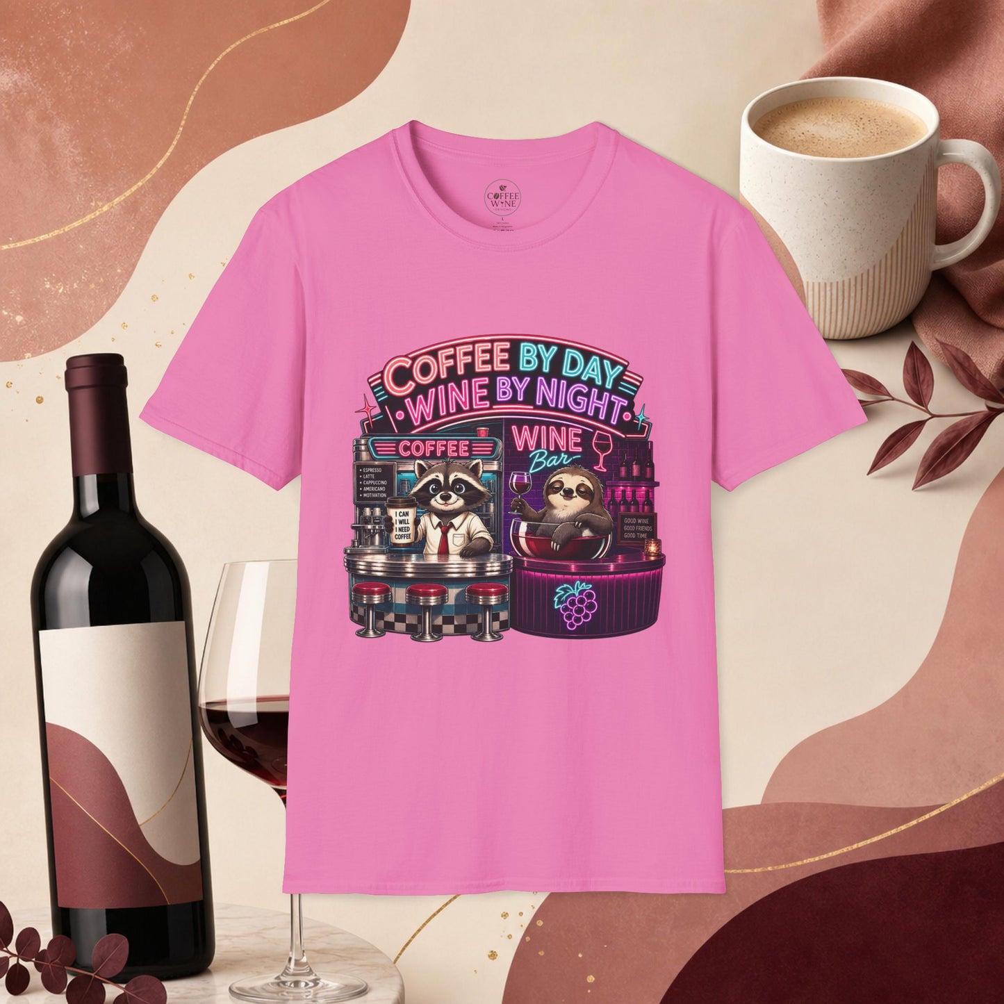 "I Run On Coffee In The Morning and Wine In The Evening" - Coffee & Wine Raccoon T-Shirt