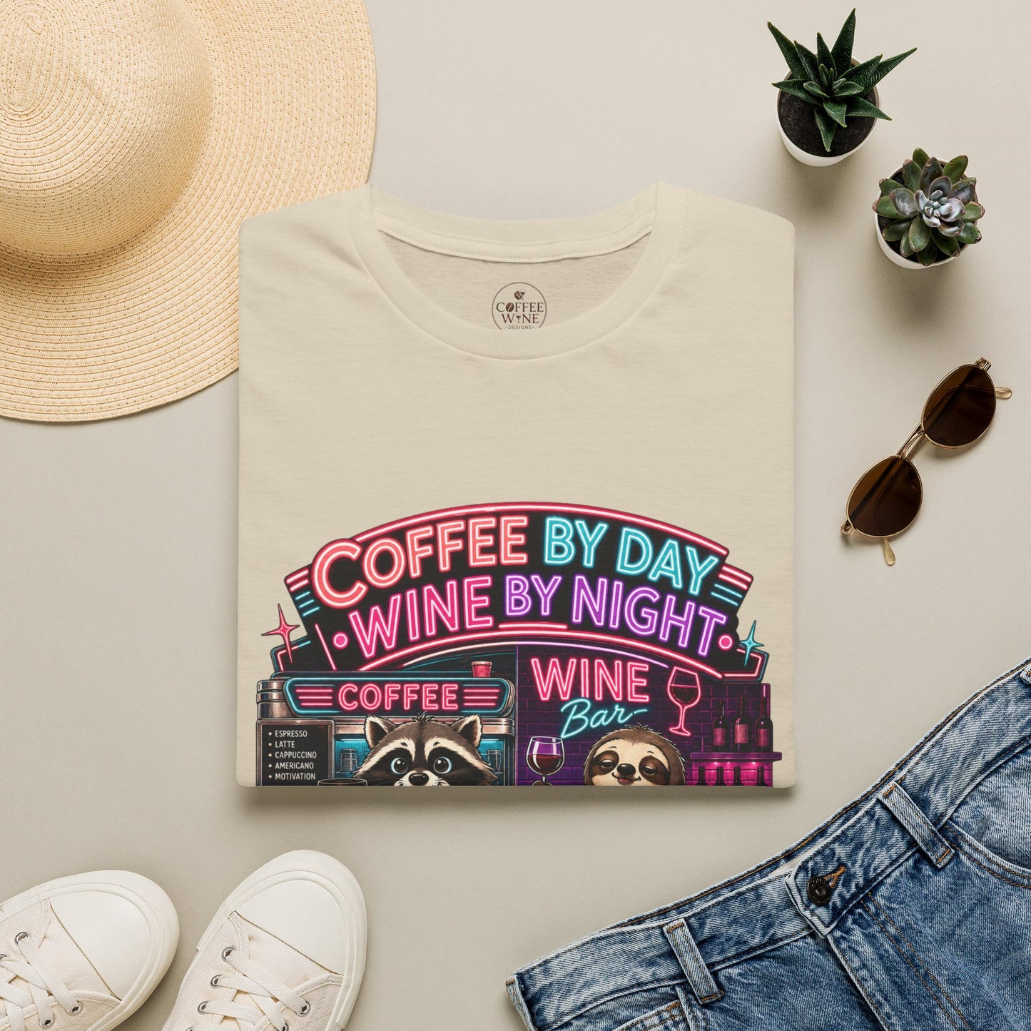 "I Run On Coffee In The Morning and Wine In The Evening" - Coffee & Wine Raccoon T-Shirt