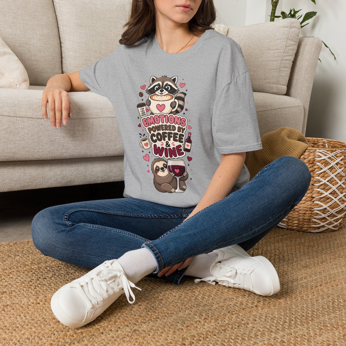 Coffee & Wine Lover Raccoon T-Shirt — "Emotions Powered by Coffee & Wine"