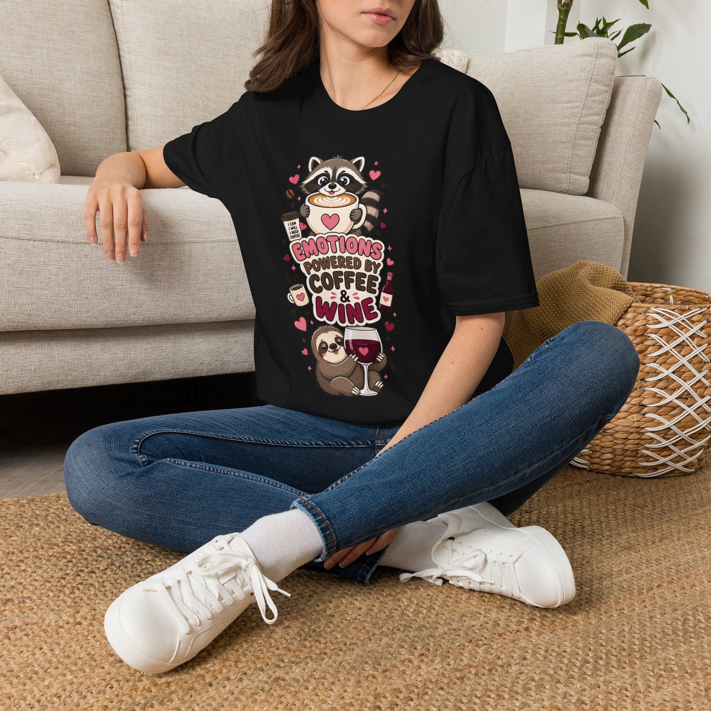 Coffee & Wine Lover Raccoon T-Shirt — "Emotions Powered by Coffee & Wine"