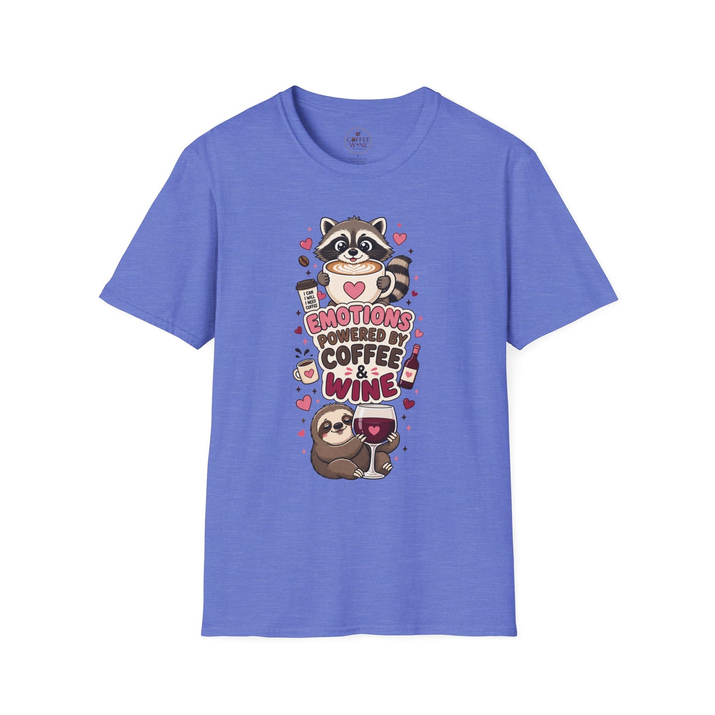 Coffee & Wine Lover Raccoon T-Shirt — "Emotions Powered by Coffee & Wine"