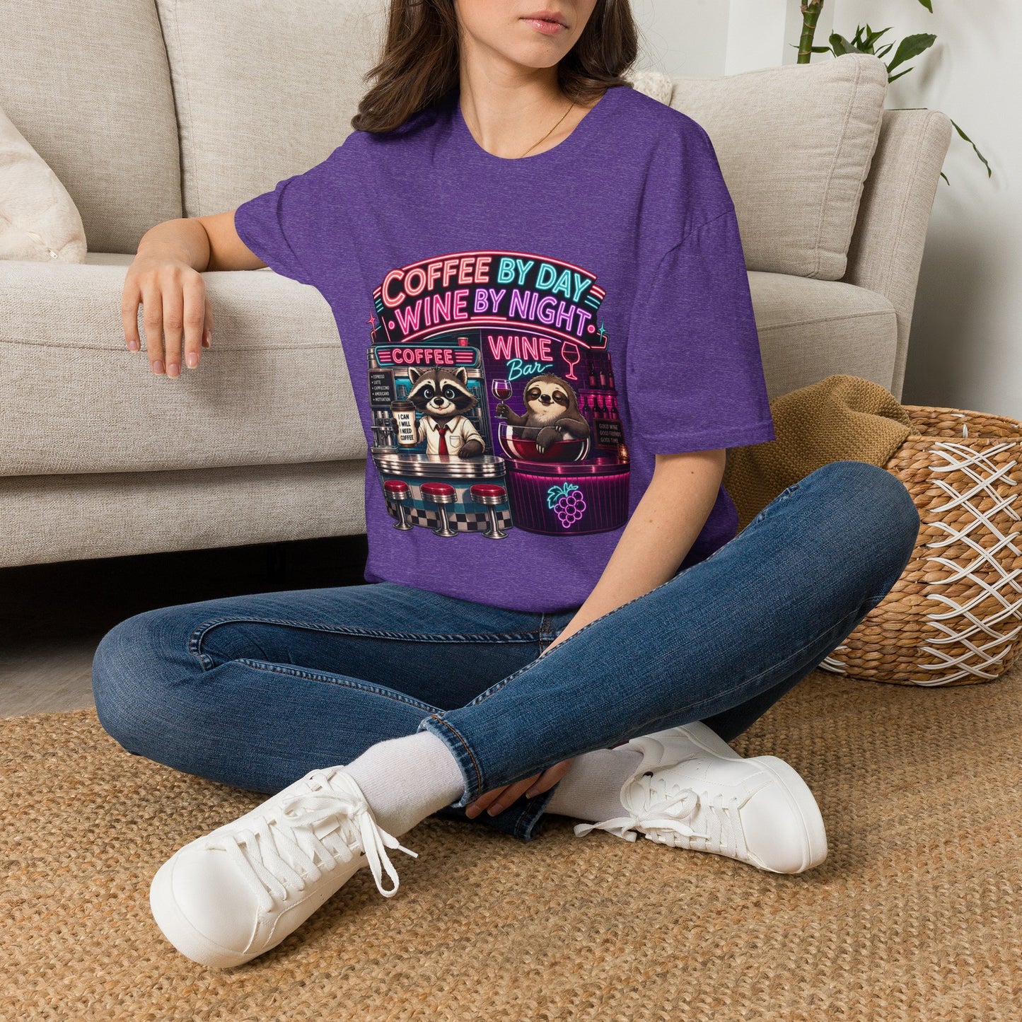 "I Run On Coffee In The Morning and Wine In The Evening" - Coffee & Wine Raccoon T-Shirt