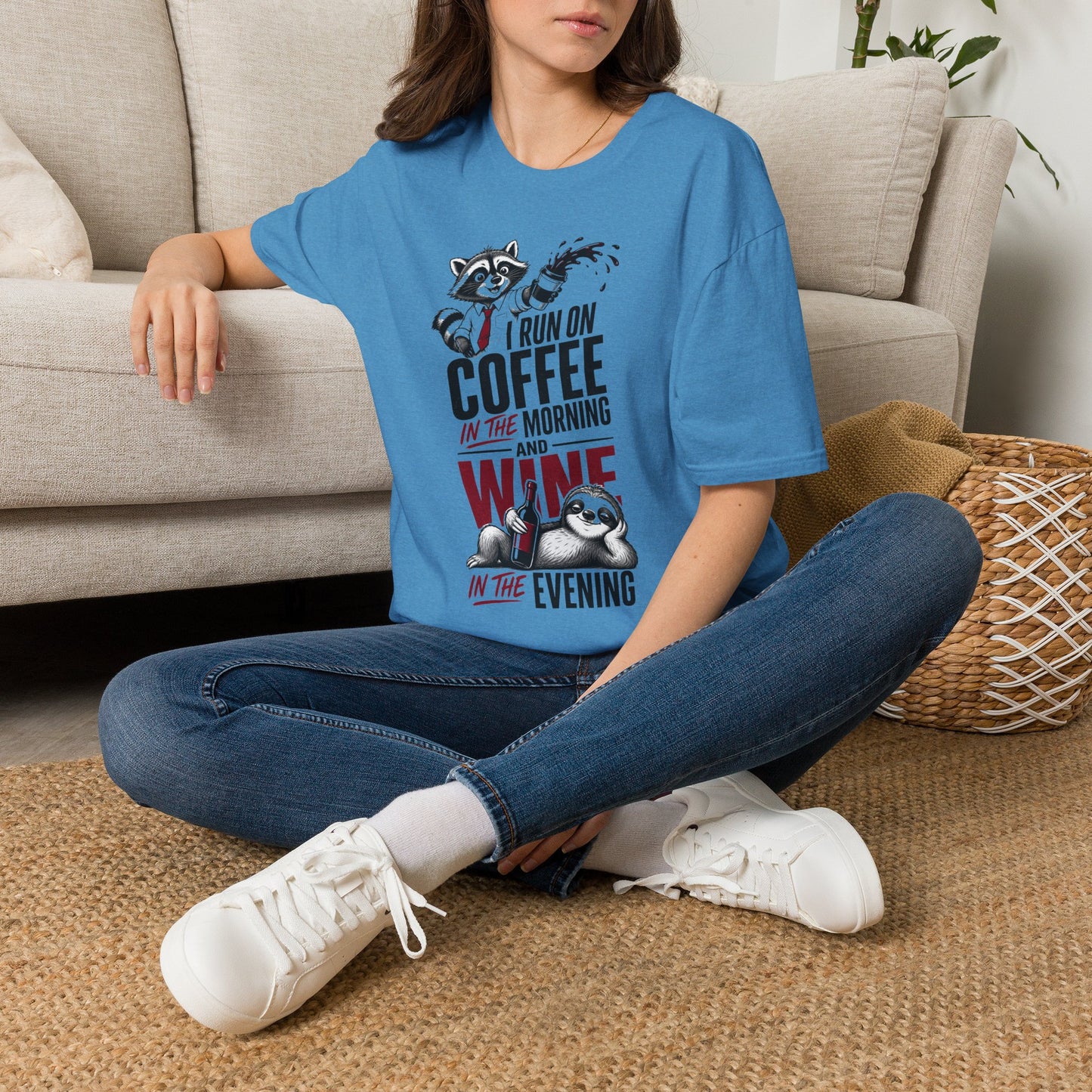 Coffee & Wine Raccoon T-Shirt — "I Run On Coffee In The Morning and Wine In The Evening"