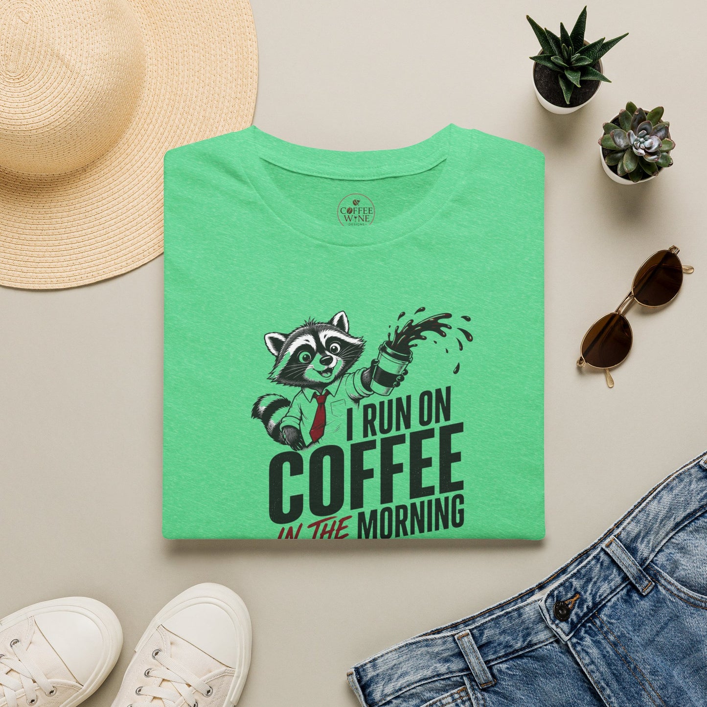 Coffee & Wine Raccoon T-Shirt — "I Run On Coffee In The Morning and Wine In The Evening"