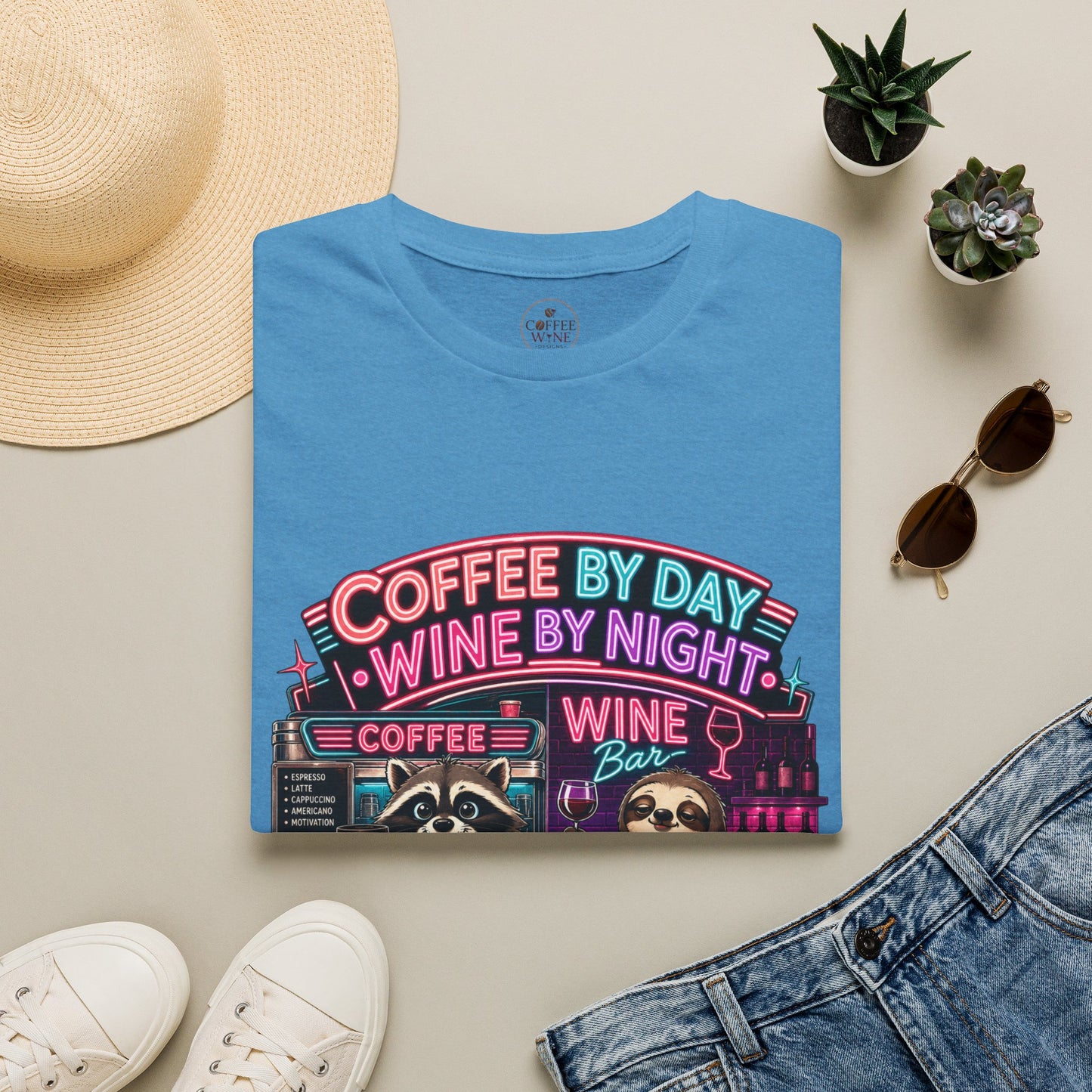 "I Run On Coffee In The Morning and Wine In The Evening" - Coffee & Wine Raccoon T-Shirt