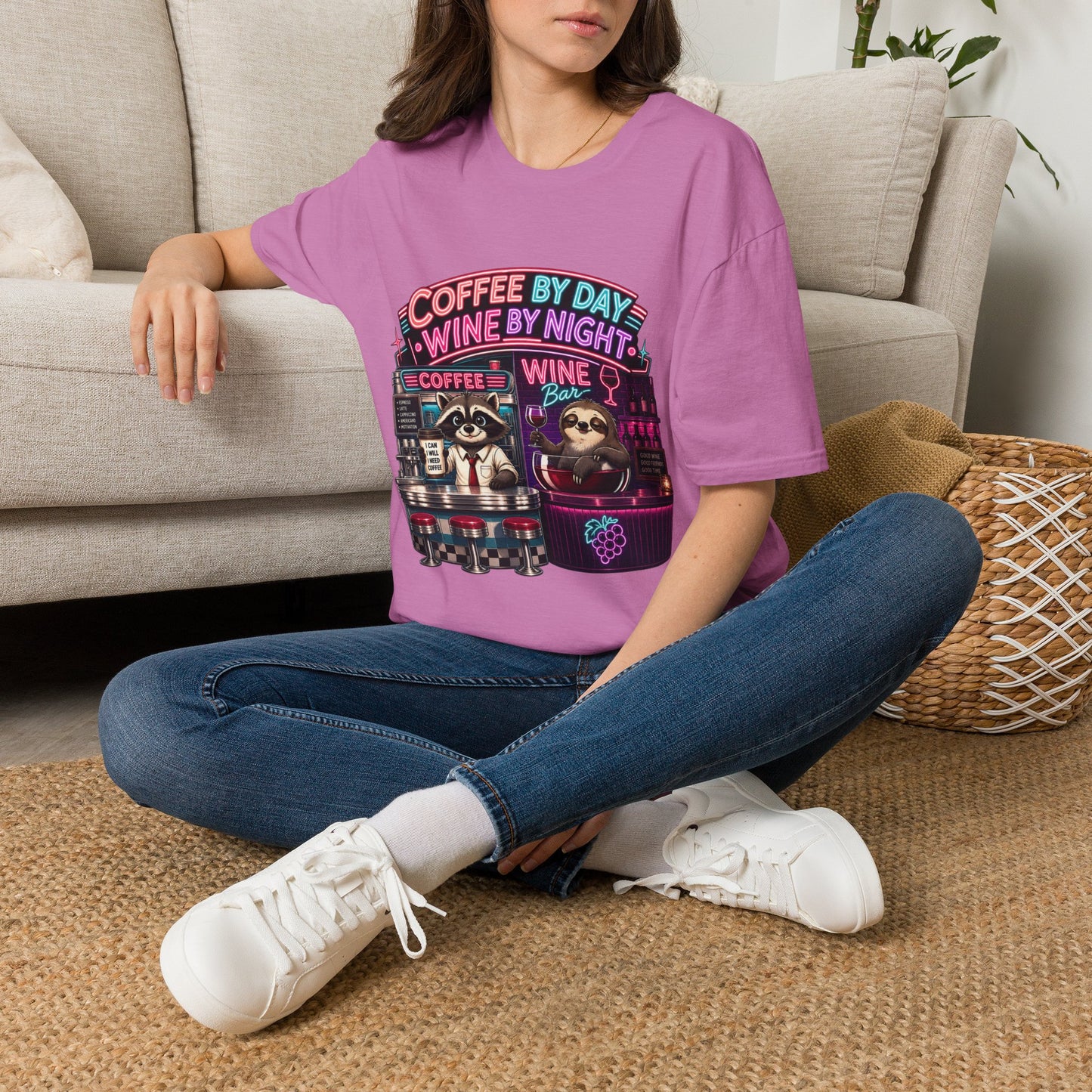 "I Run On Coffee In The Morning and Wine In The Evening" - Coffee & Wine Raccoon T-Shirt