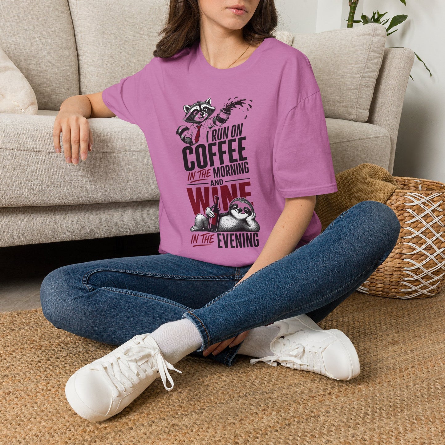 Coffee & Wine Raccoon T-Shirt — "I Run On Coffee In The Morning and Wine In The Evening"