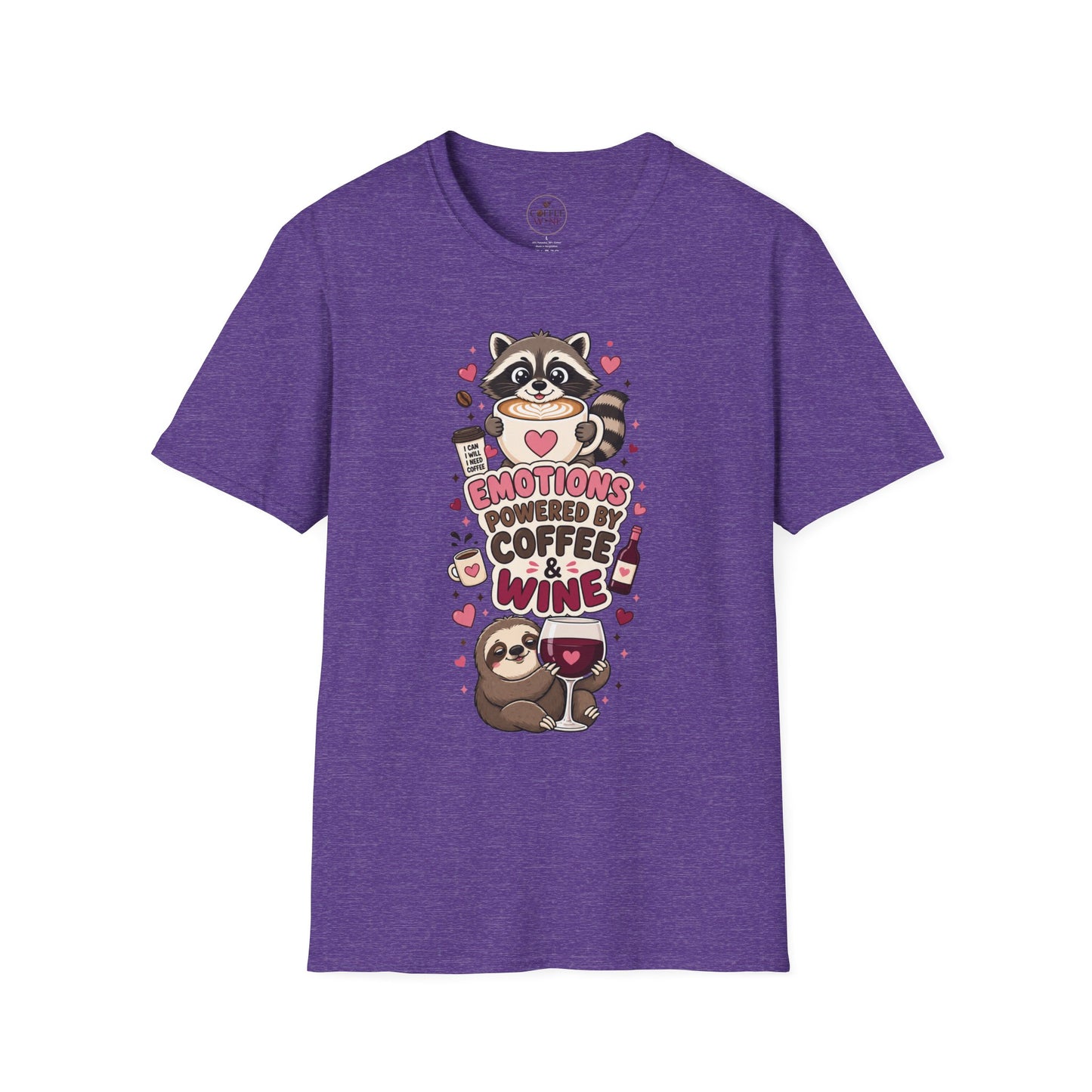 Coffee & Wine Lover Raccoon T-Shirt — "Emotions Powered by Coffee & Wine"