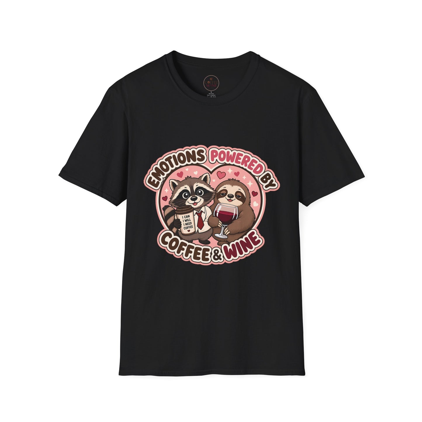Emotions Powered By Coffee & Wine T-Shirt — Cute Raccoon & Sloth Graphic Tee