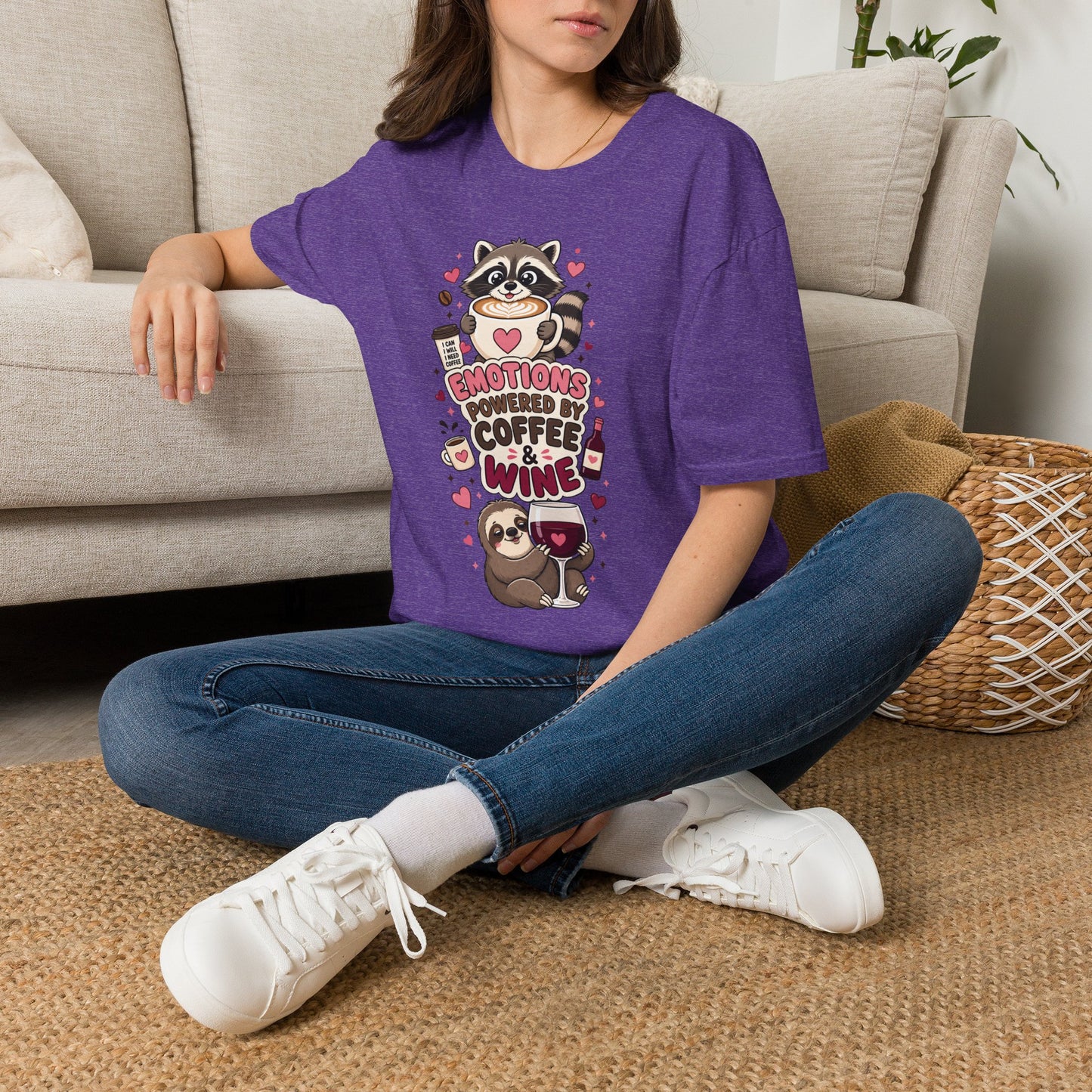 Coffee & Wine Lover Raccoon T-Shirt — "Emotions Powered by Coffee & Wine"