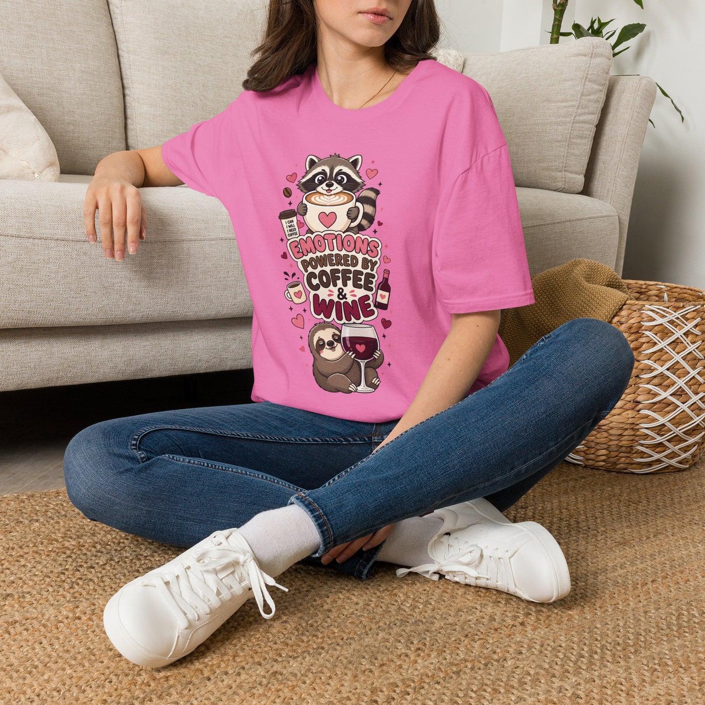 Coffee & Wine Lover Raccoon T-Shirt — "Emotions Powered by Coffee & Wine"