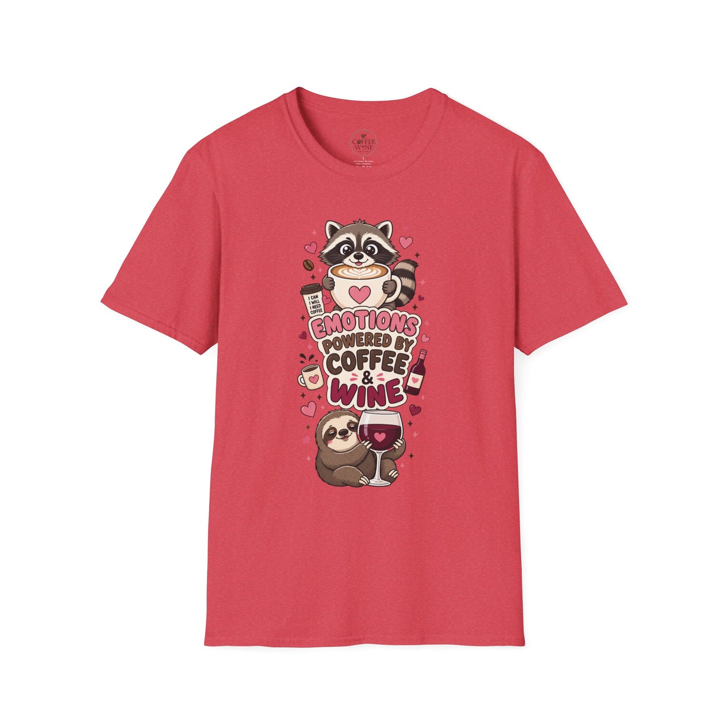 Coffee & Wine Lover Raccoon T-Shirt — "Emotions Powered by Coffee & Wine"