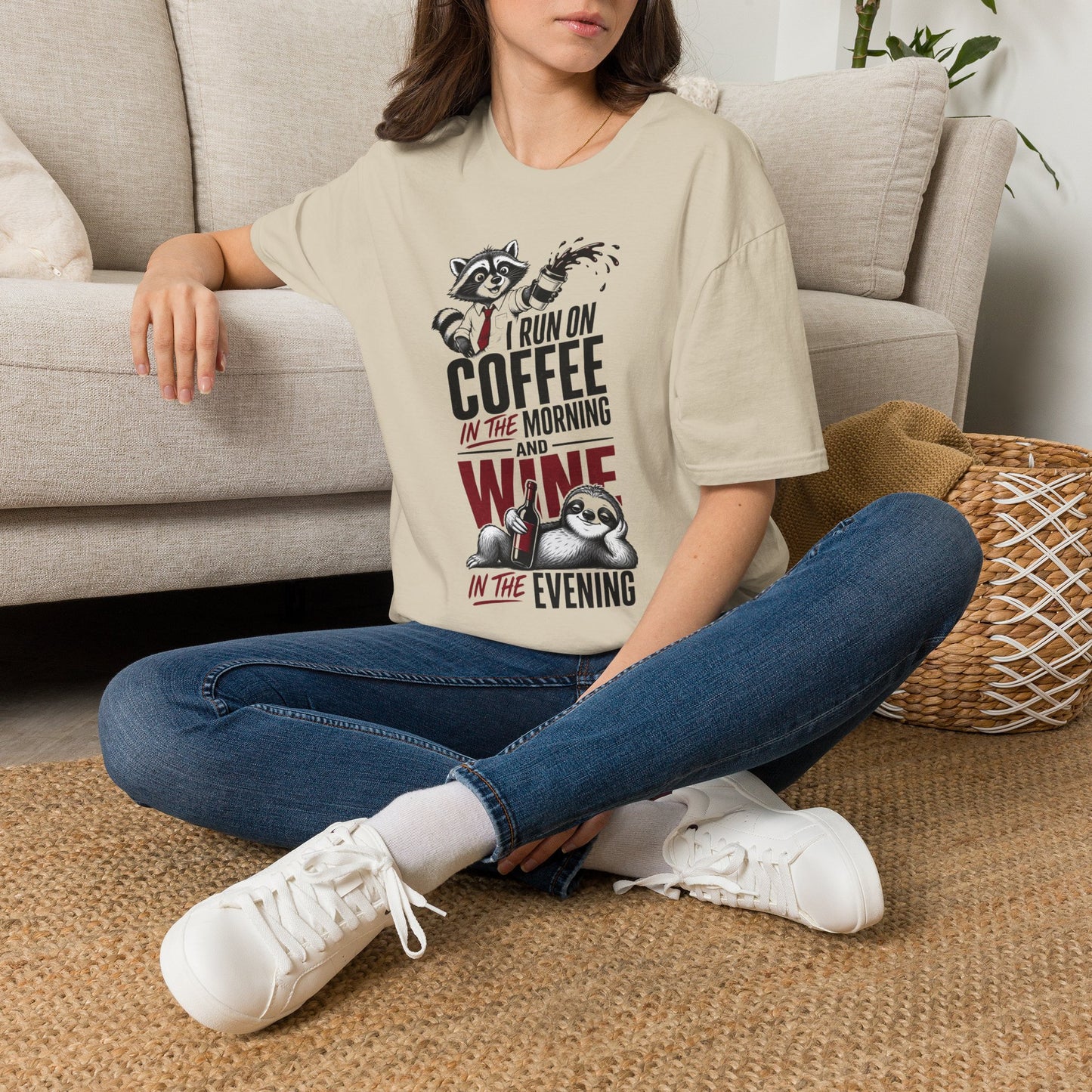 Coffee & Wine Raccoon T-Shirt — "I Run On Coffee In The Morning and Wine In The Evening"
