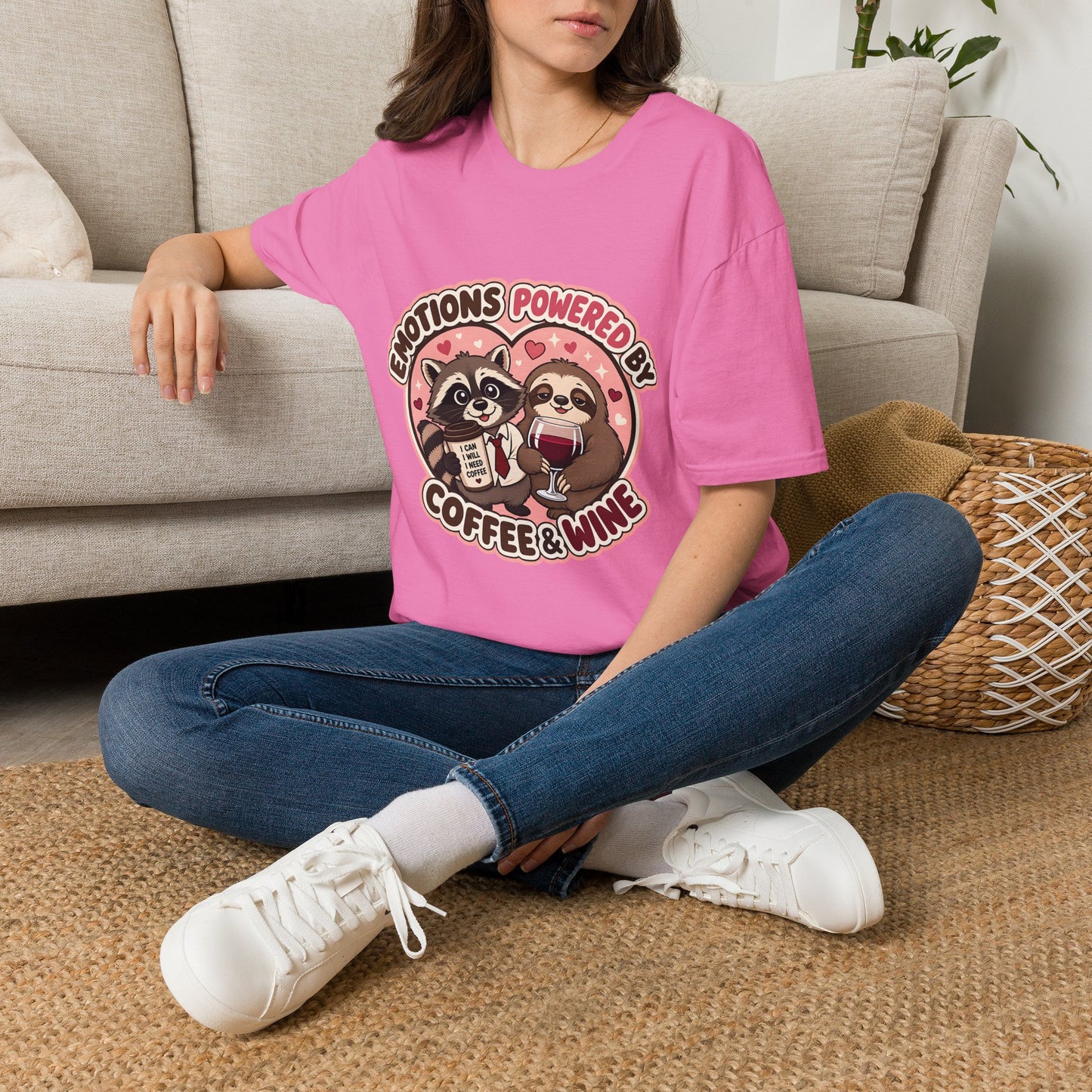Emotions Powered By Coffee & Wine T-Shirt — Cute Raccoon & Sloth Graphic Tee