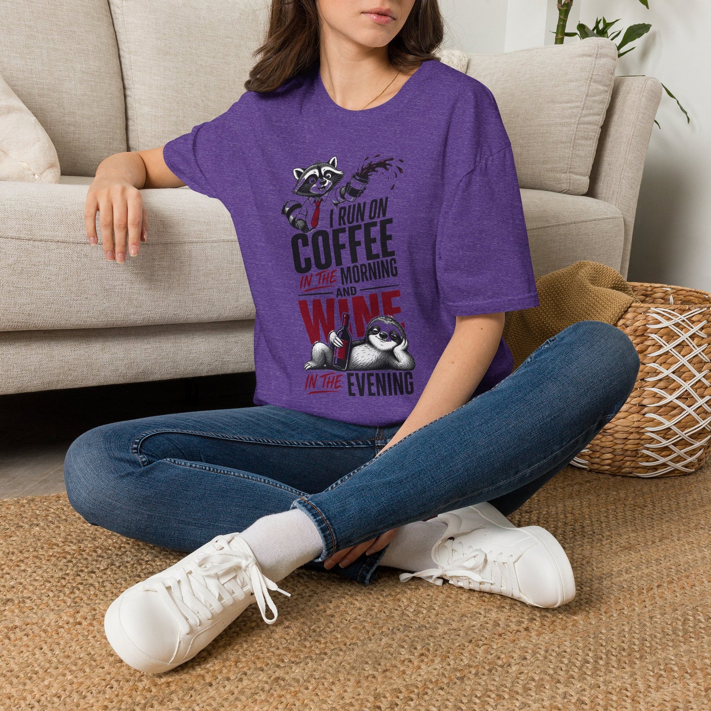 Coffee & Wine Raccoon T-Shirt — "I Run On Coffee In The Morning and Wine In The Evening"
