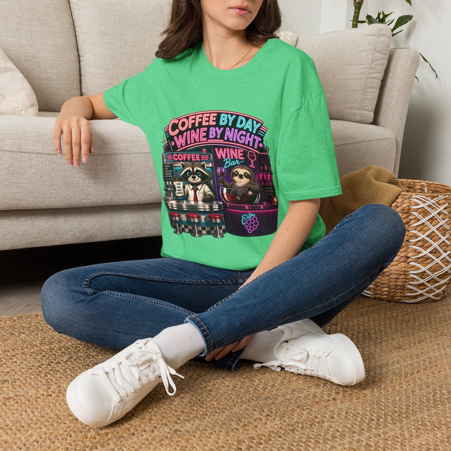 "I Run On Coffee In The Morning and Wine In The Evening" - Coffee & Wine Raccoon T-Shirt