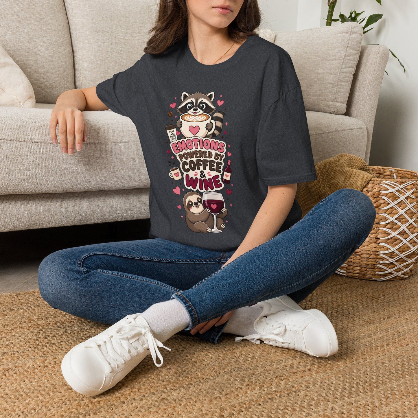 Coffee & Wine Lover Raccoon T-Shirt — "Emotions Powered by Coffee & Wine"