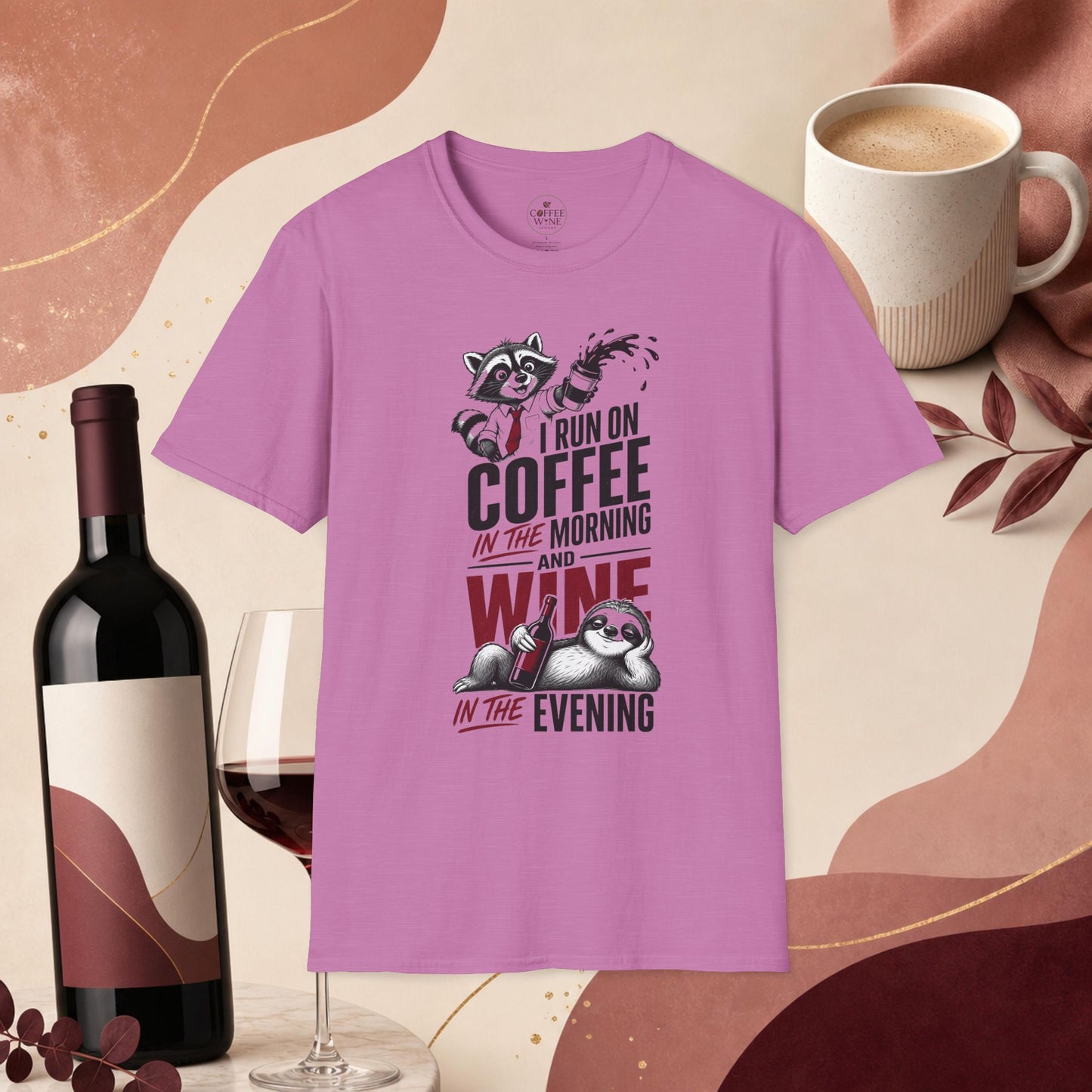 Coffee & Wine Raccoon T-Shirt — "I Run On Coffee In The Morning and Wine In The Evening"