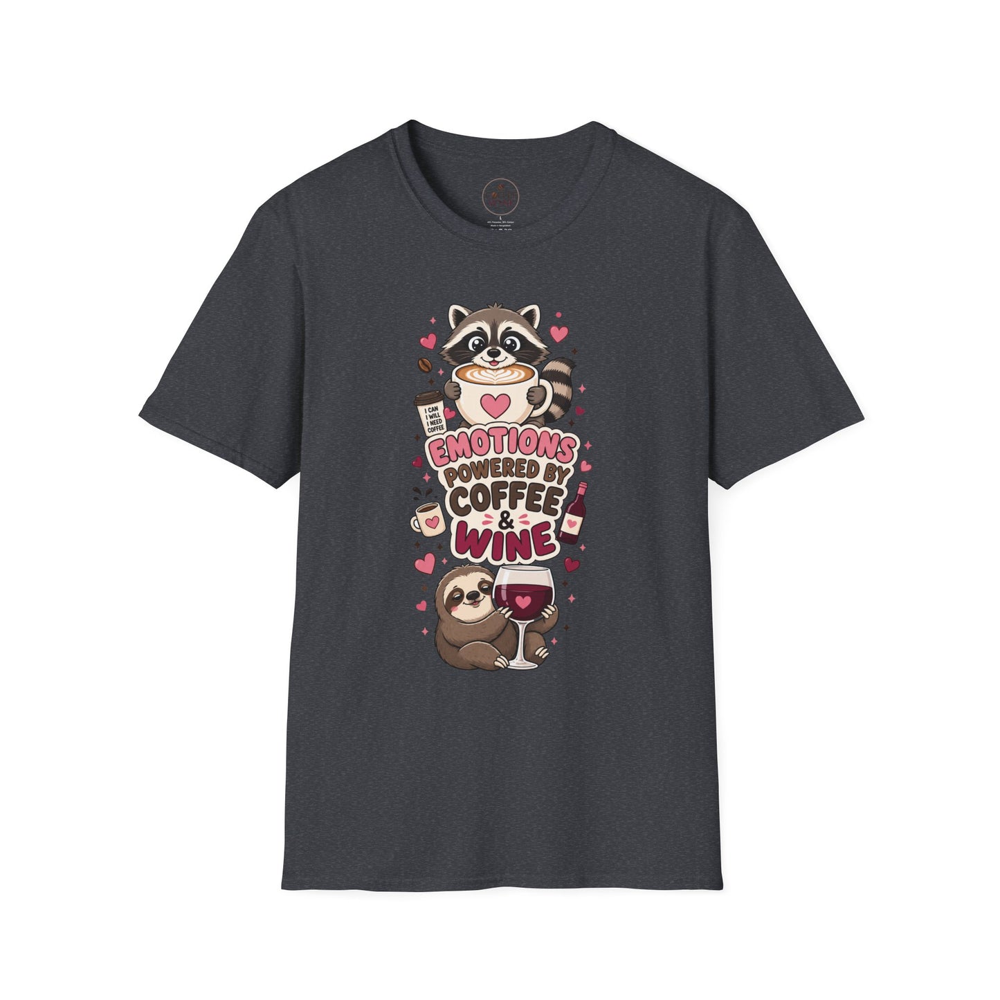 Coffee & Wine Lover Raccoon T-Shirt — "Emotions Powered by Coffee & Wine"