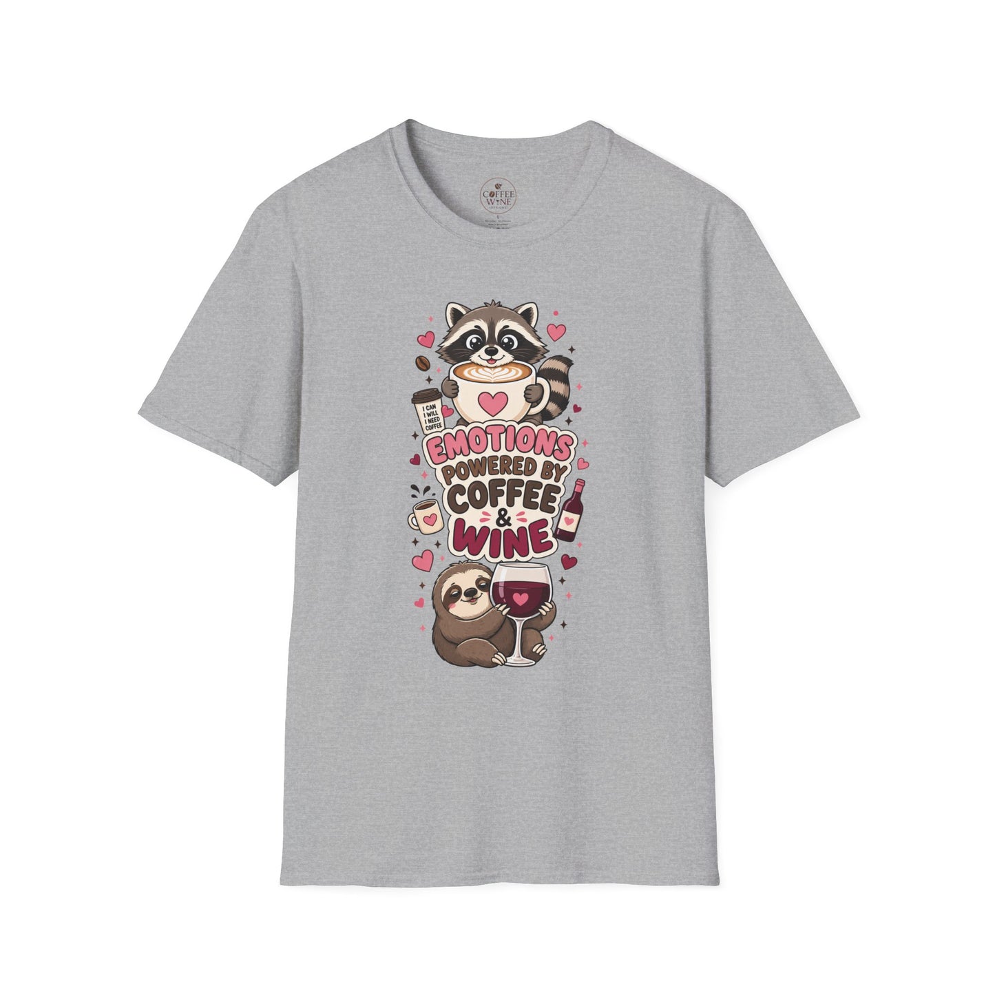 Coffee & Wine Lover Raccoon T-Shirt — "Emotions Powered by Coffee & Wine"