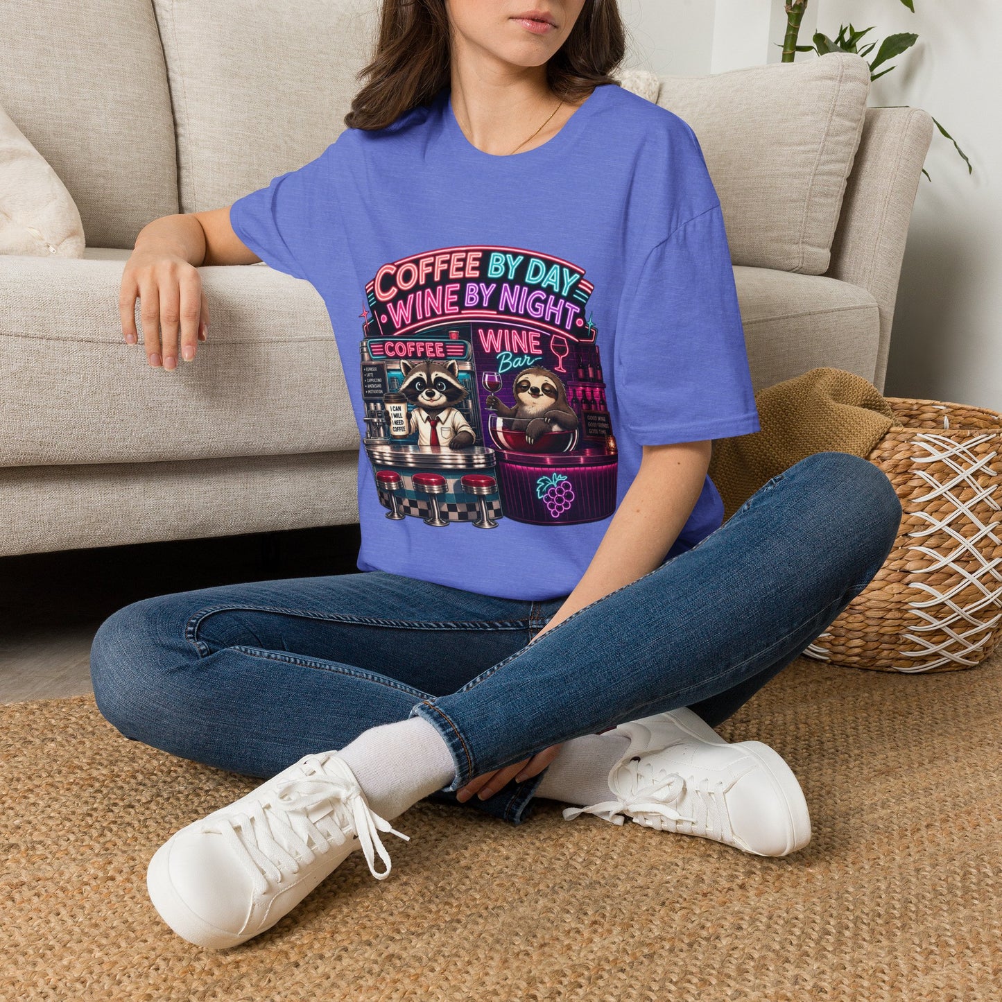 "I Run On Coffee In The Morning and Wine In The Evening" - Coffee & Wine Raccoon T-Shirt