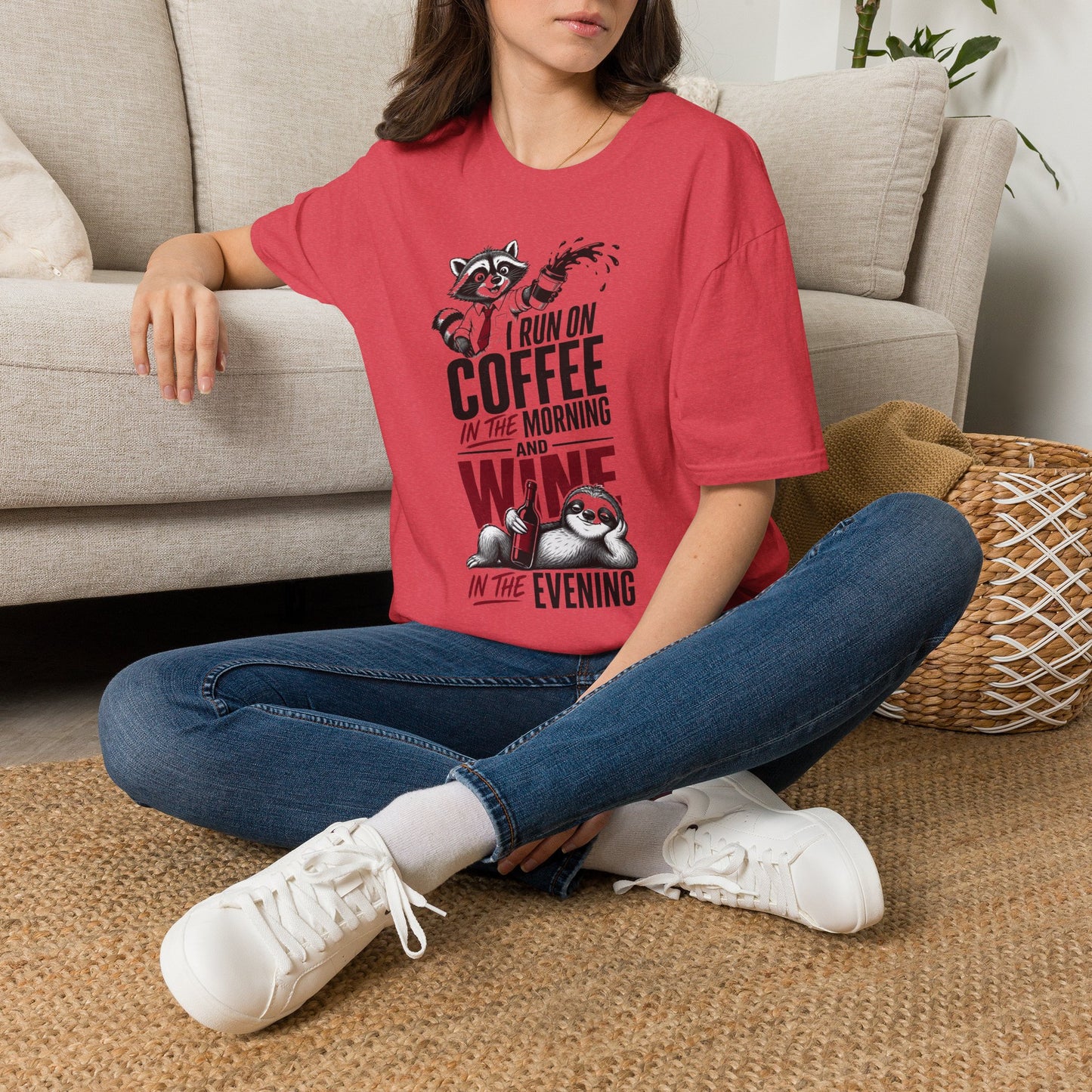 Coffee & Wine Raccoon T-Shirt — "I Run On Coffee In The Morning and Wine In The Evening"