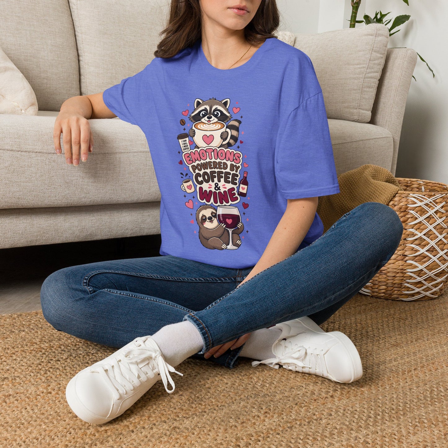 Coffee & Wine Lover Raccoon T-Shirt — "Emotions Powered by Coffee & Wine"