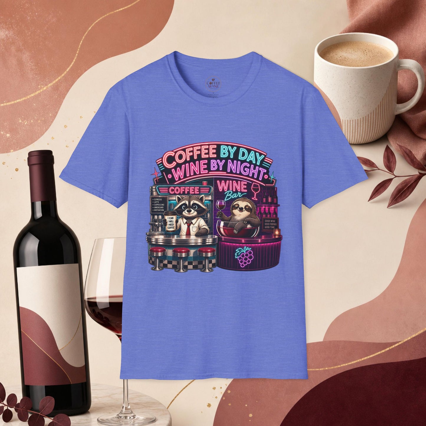 "I Run On Coffee In The Morning and Wine In The Evening" - Coffee & Wine Raccoon T-Shirt