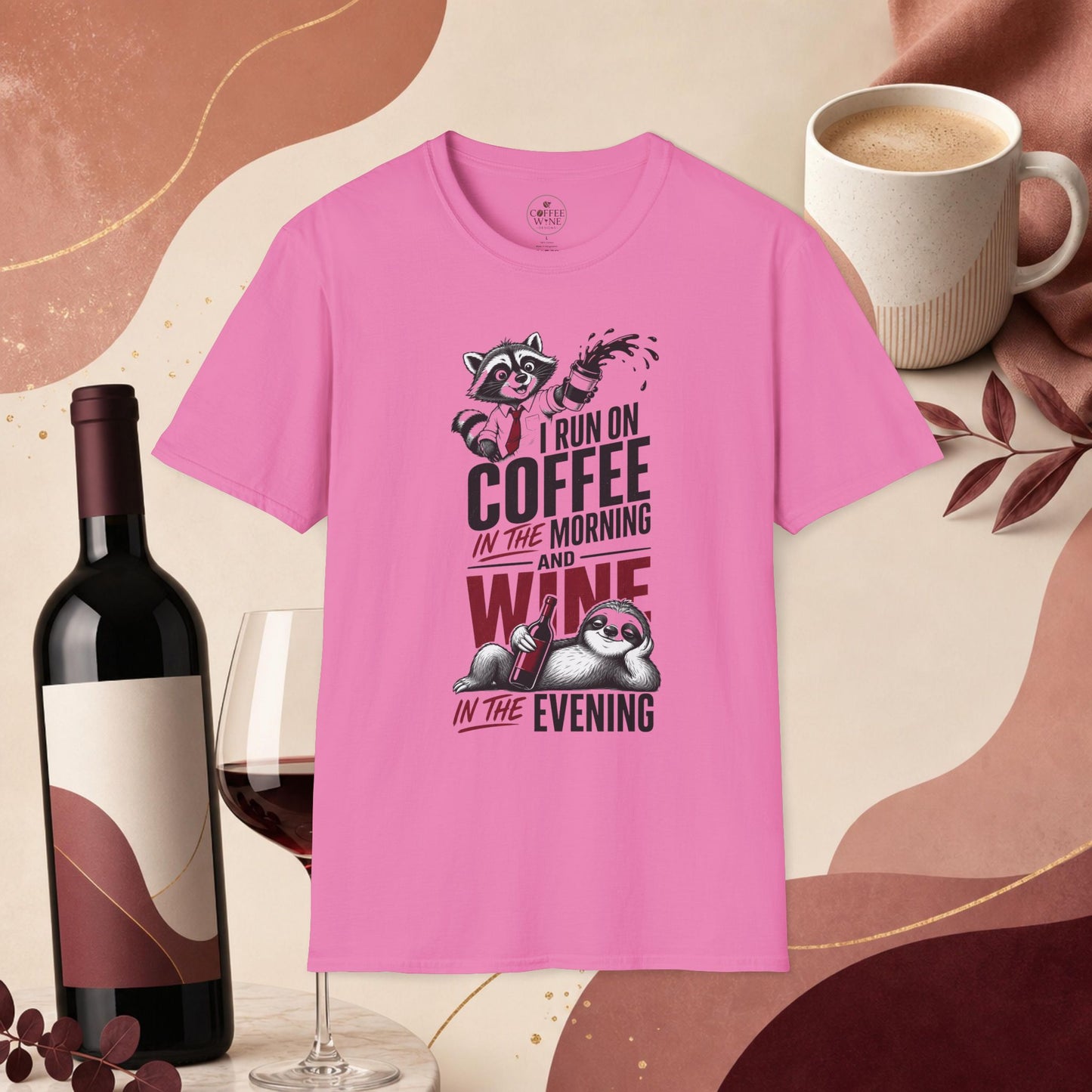 Coffee & Wine Raccoon T-Shirt — "I Run On Coffee In The Morning and Wine In The Evening"