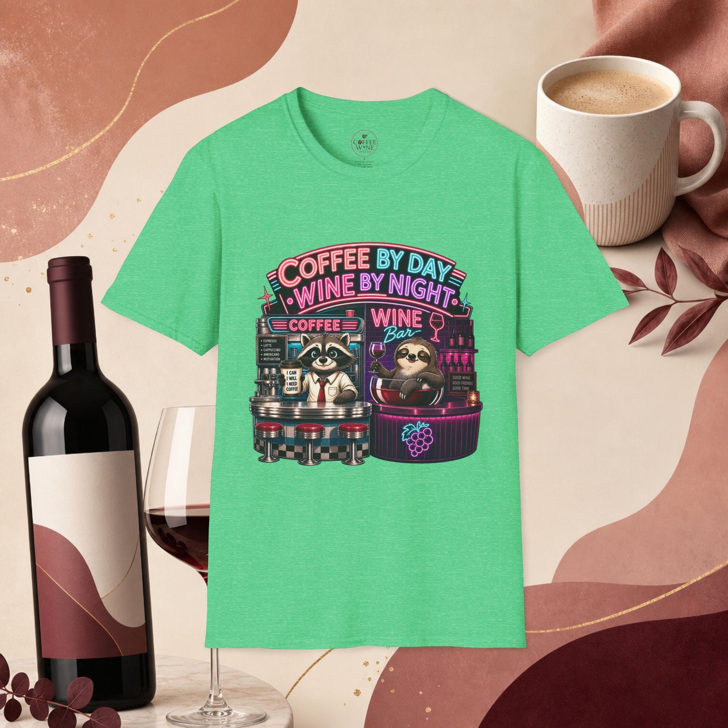 "I Run On Coffee In The Morning and Wine In The Evening" - Coffee & Wine Raccoon T-Shirt