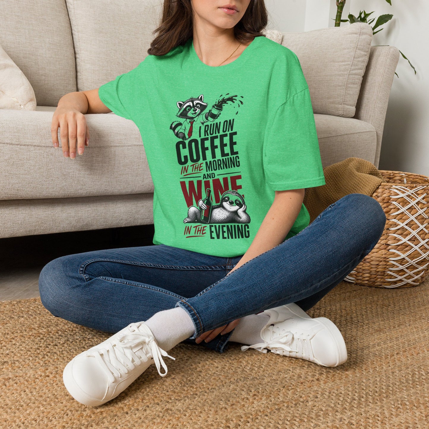 Coffee & Wine Raccoon T-Shirt — "I Run On Coffee In The Morning and Wine In The Evening"