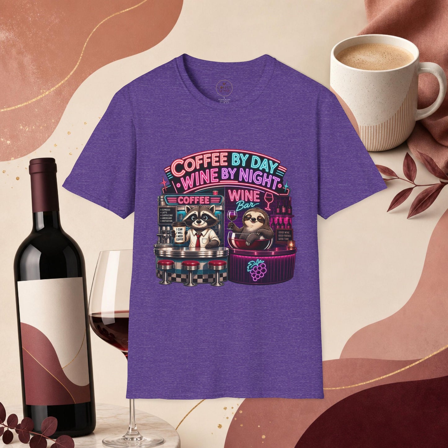 "I Run On Coffee In The Morning and Wine In The Evening" - Coffee & Wine Raccoon T-Shirt