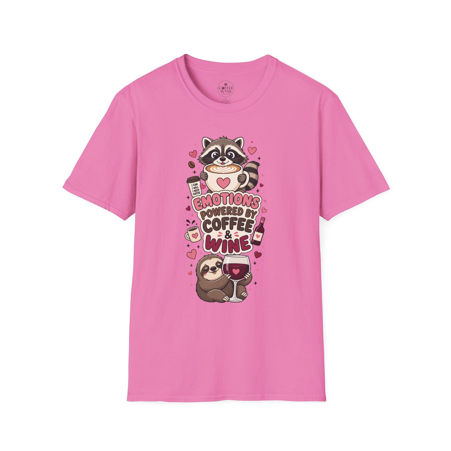 Coffee & Wine Lover Raccoon T-Shirt — "Emotions Powered by Coffee & Wine"