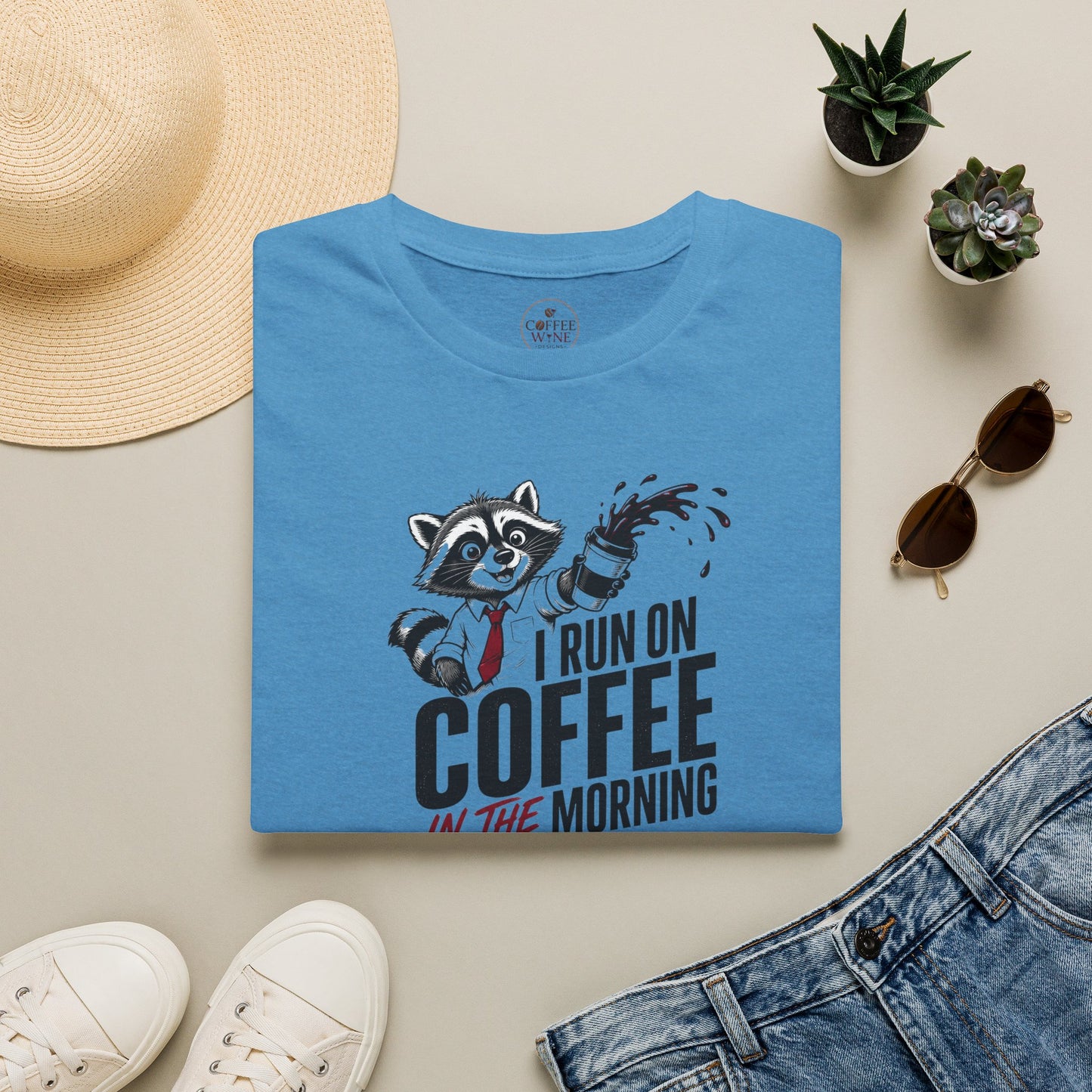 Coffee & Wine Raccoon T-Shirt — "I Run On Coffee In The Morning and Wine In The Evening"