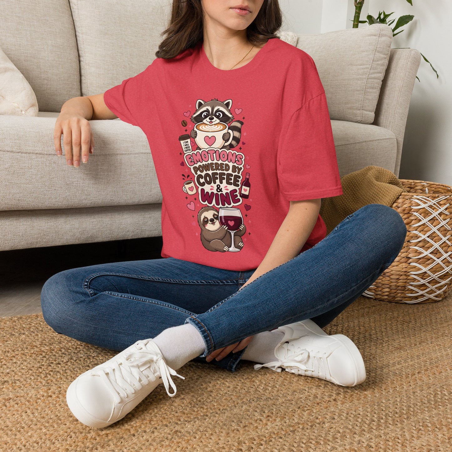 Coffee & Wine Lover Raccoon T-Shirt — "Emotions Powered by Coffee & Wine"
