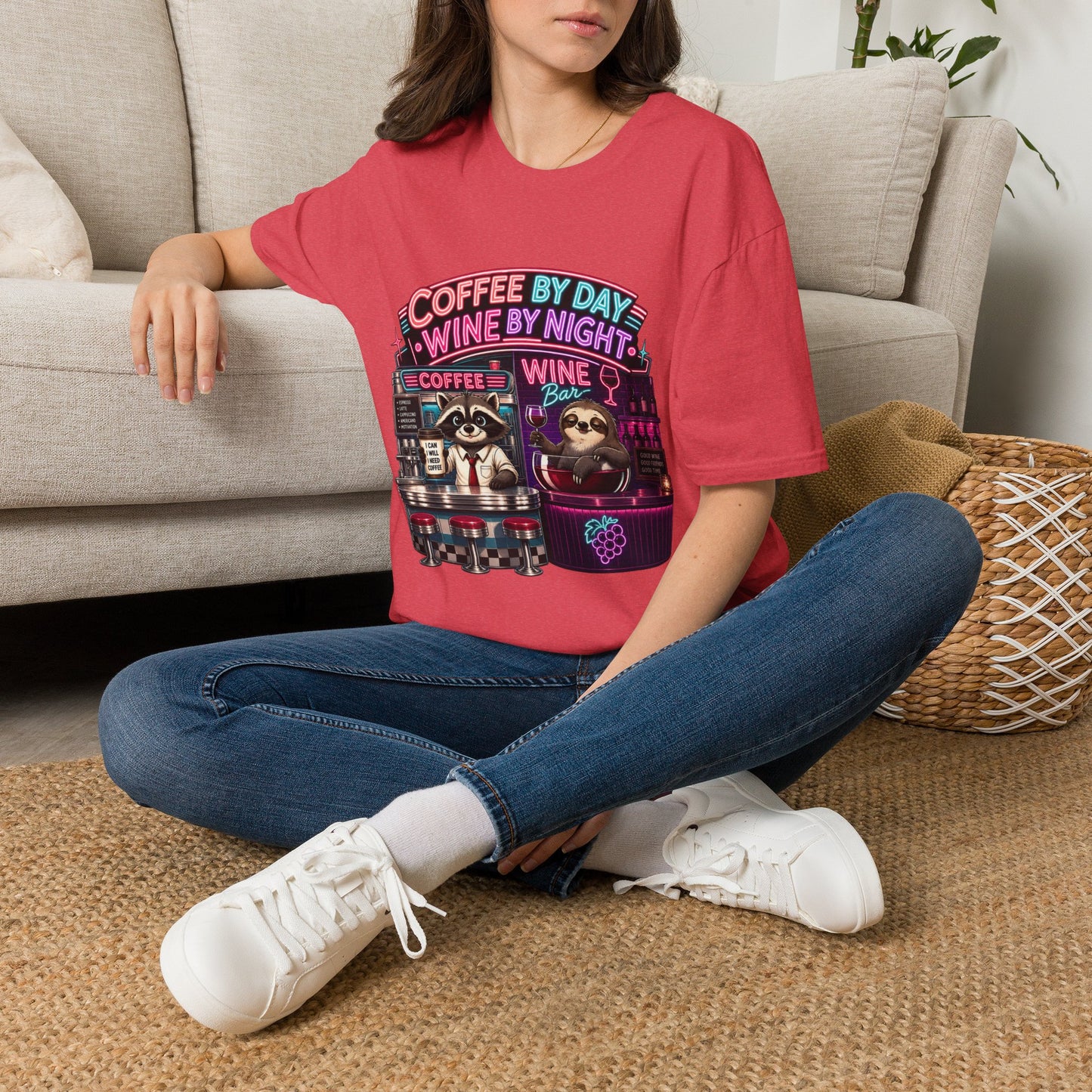 "I Run On Coffee In The Morning and Wine In The Evening" - Coffee & Wine Raccoon T-Shirt